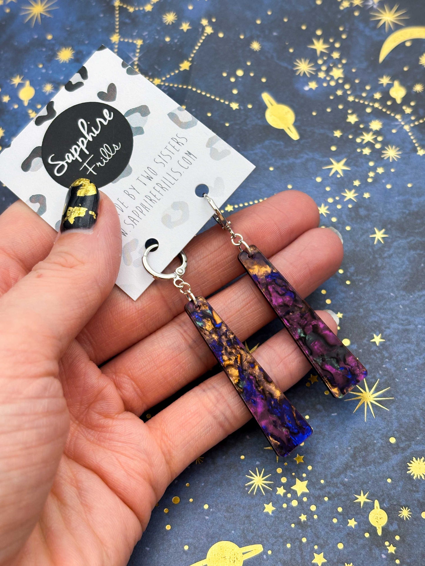 Large Purple, Blue, Turquoise and Copper Jungle Marble Ink Trapeze Dangle Earrings