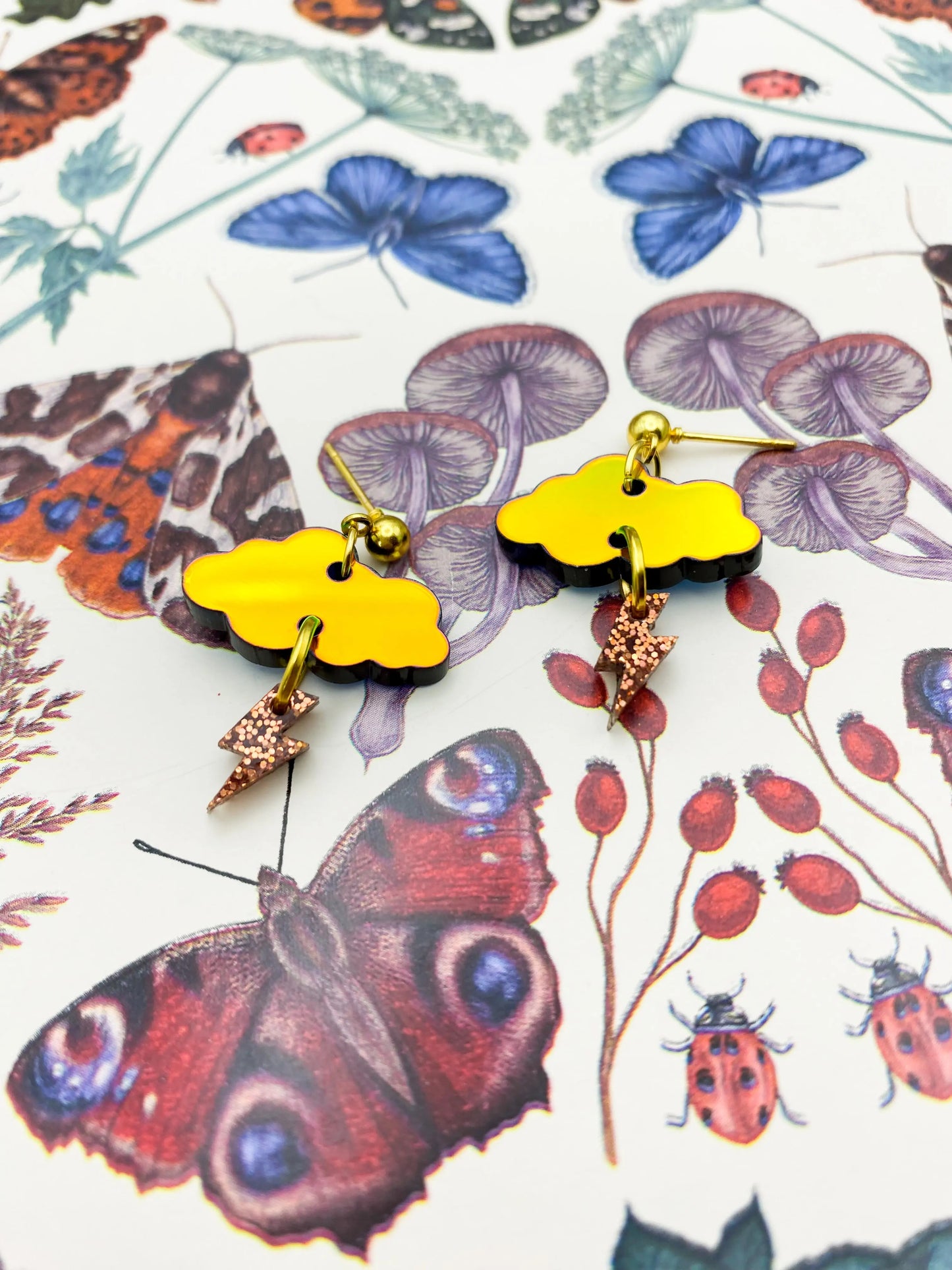 Iridescent Orange and Copper Glitter Autumn Storm Small Cloud & Bolt Dangle Earrings from Sapphire Frills