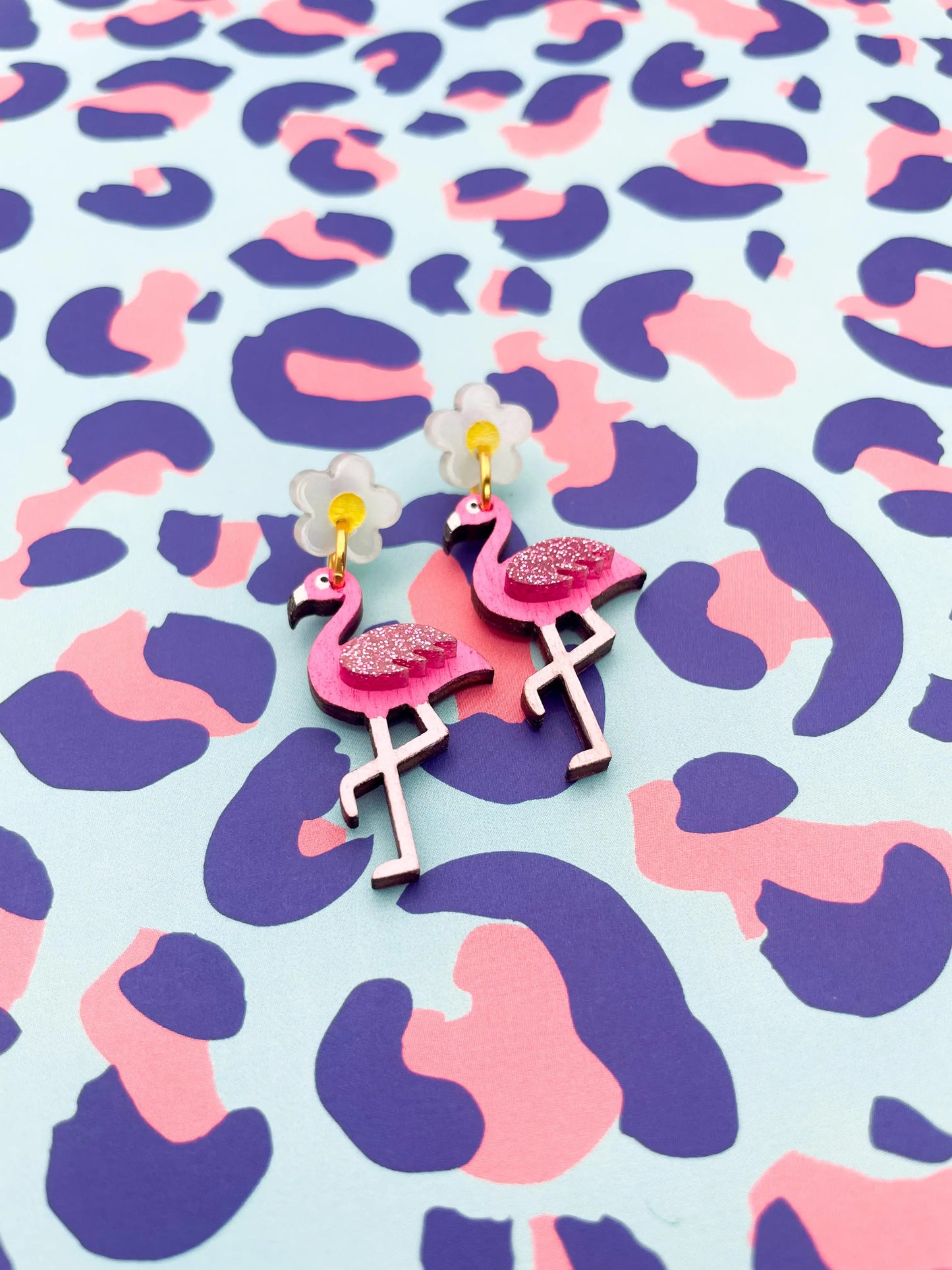 Iridescent Pearl and Hot Pink Glitter Acrylic Flamingo Flower Dangle Earrings from Sapphire Frills