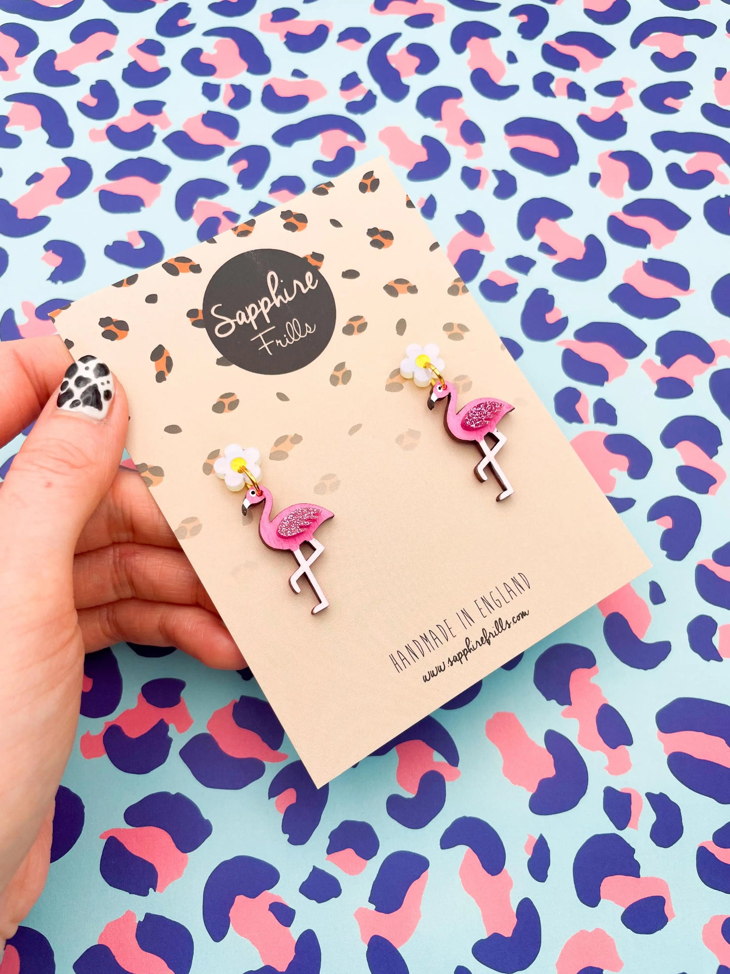 Iridescent Pearl and Hot Pink Glitter Acrylic Flamingo Flower Dangle Earrings from Sapphire Frills