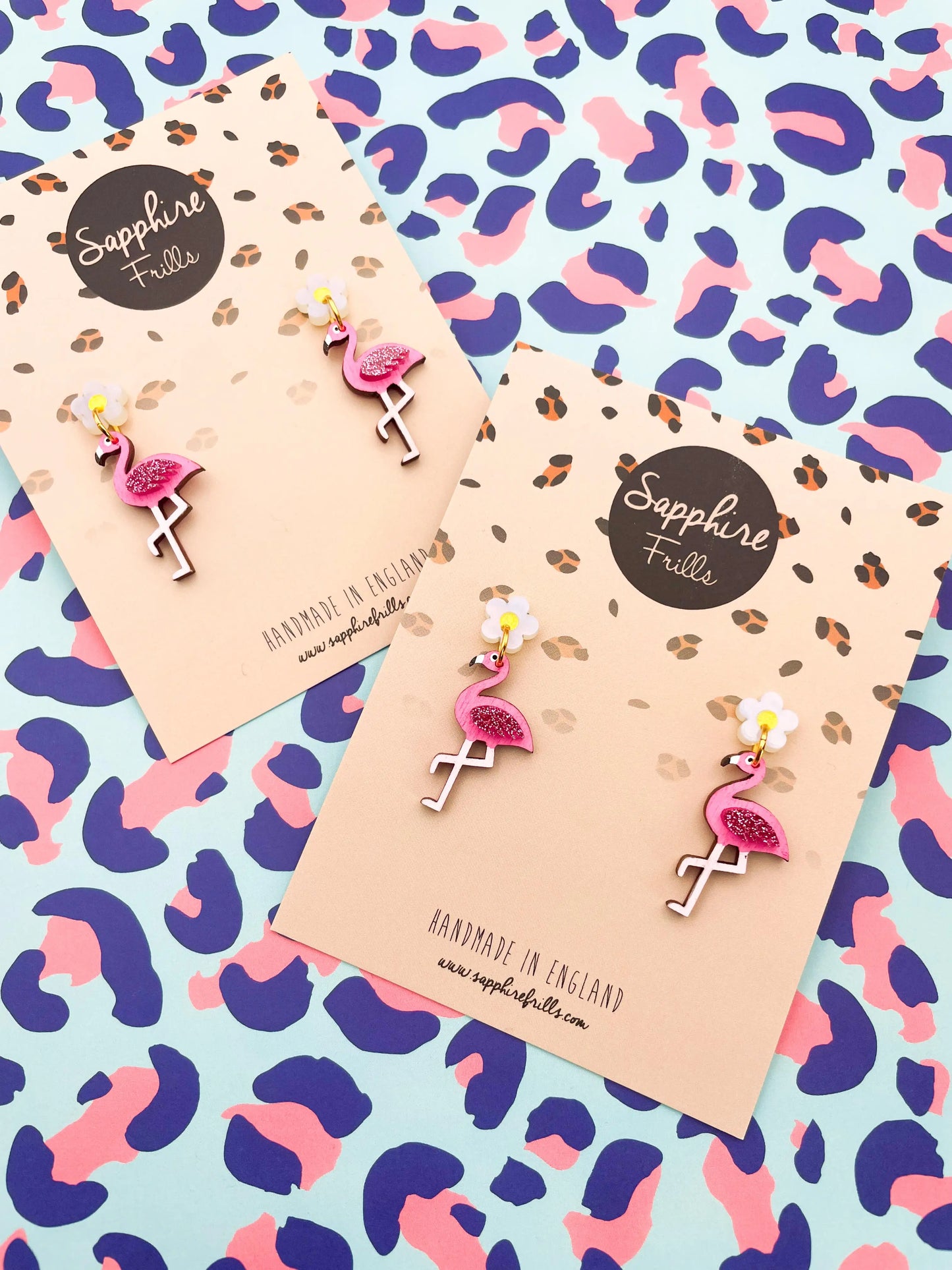 Iridescent Pearl and Hot Pink Glitter Acrylic Flamingo Flower Dangle Earrings from Sapphire Frills