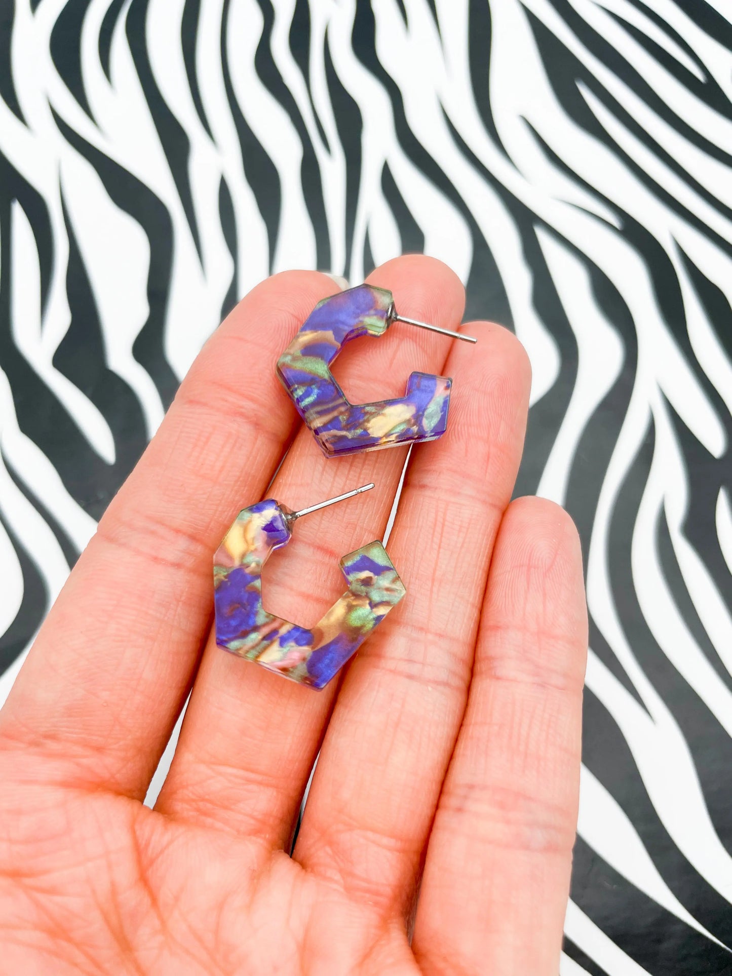 Jungle Blue, Green and Pink Ink Marble Acrylic Polygon Hoops from Sapphire Frills