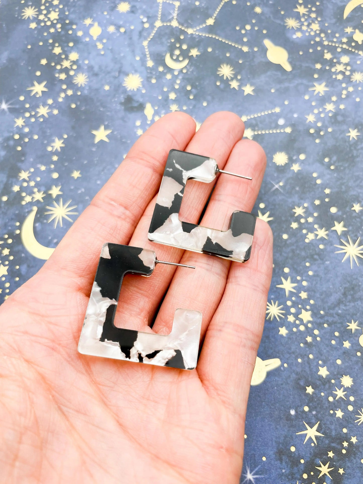 Large Monochrome Marble Acrylic Square Hoops from Sapphire Frills