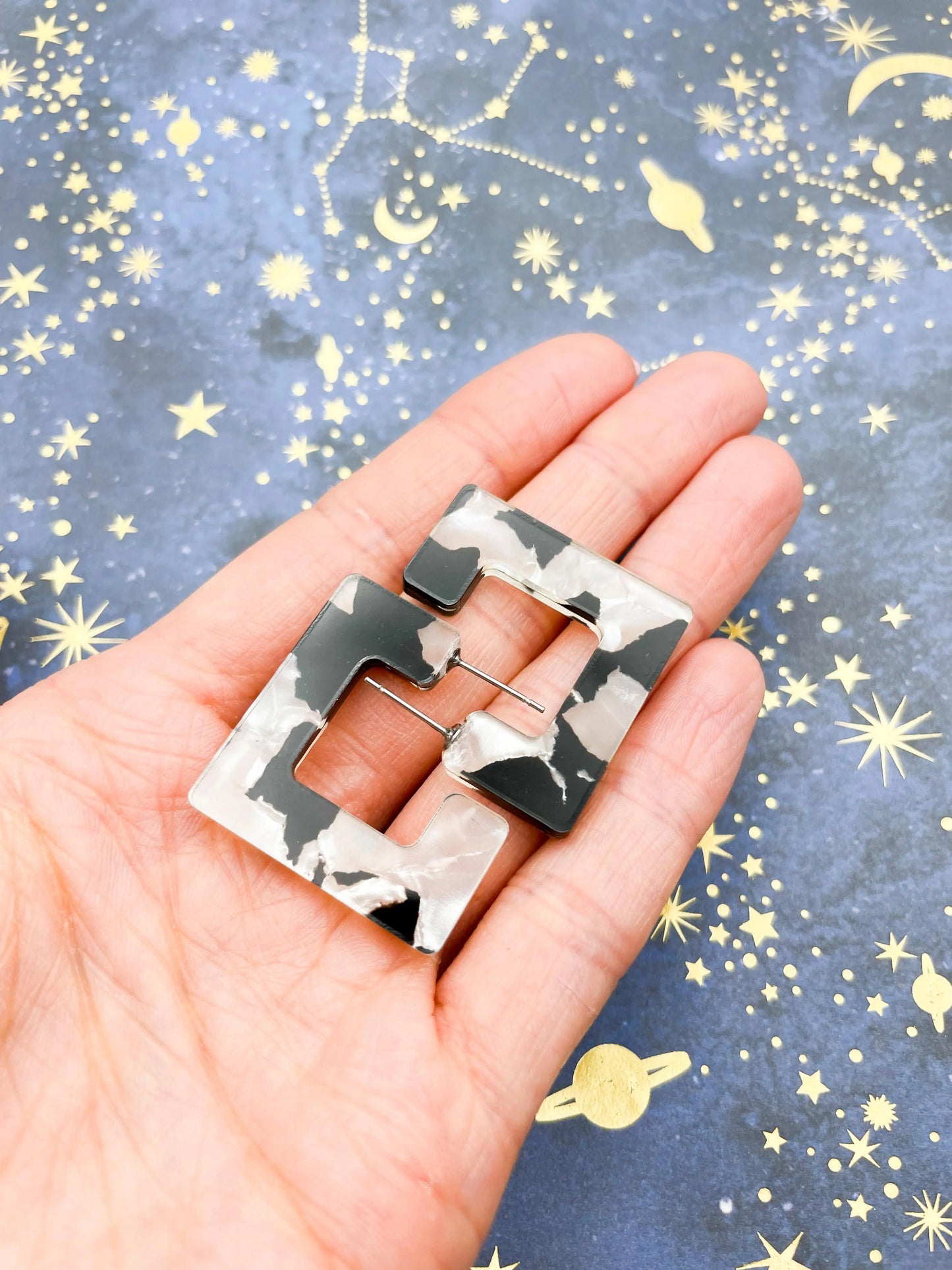 Large Monochrome Marble Acrylic Square Hoops from Sapphire Frills