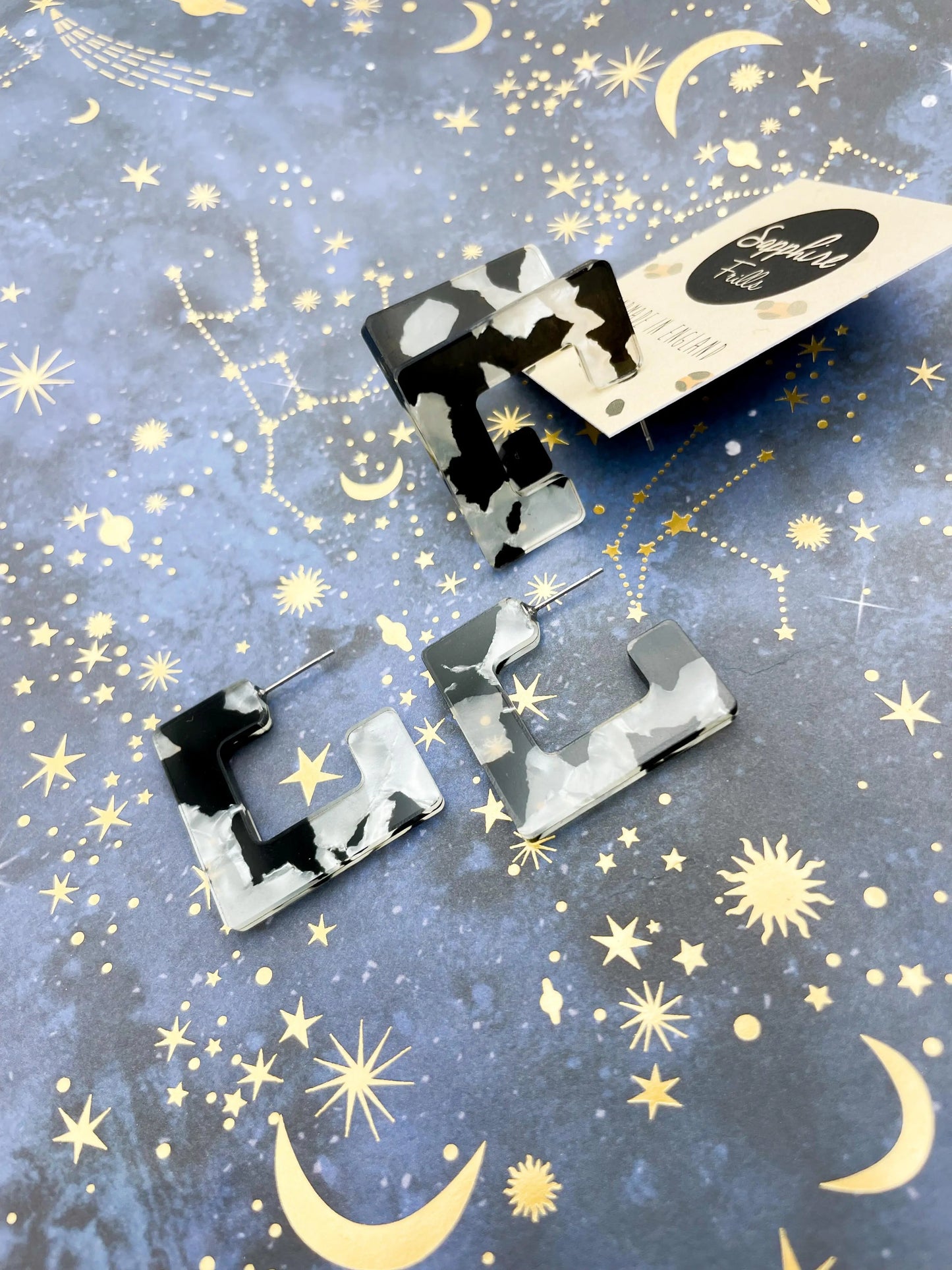 Large Monochrome Marble Acrylic Square Hoops from Sapphire Frills
