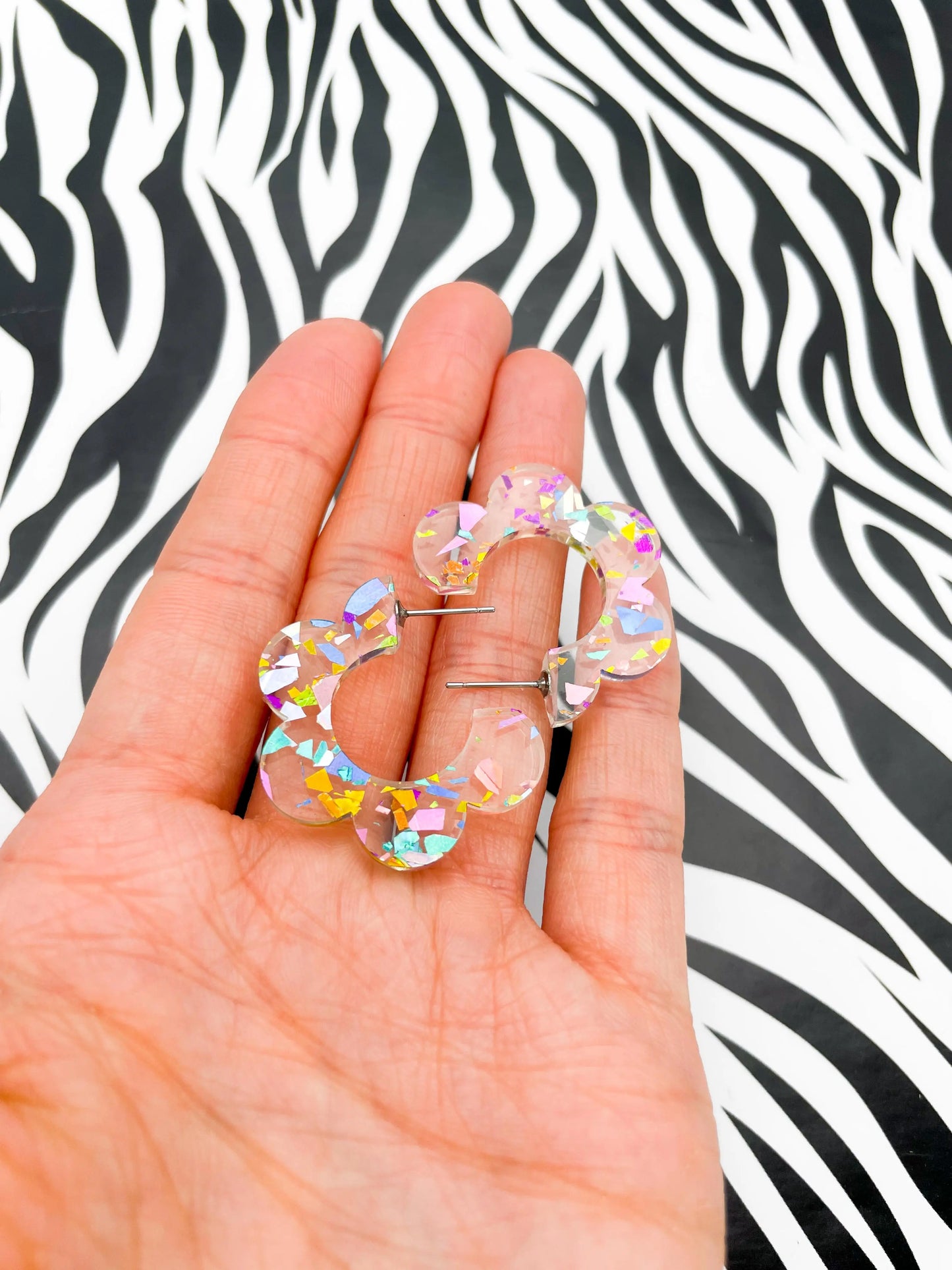 Large Rainbow Chunky Glitter Acrylic Flower Hoops from Sapphire Frills