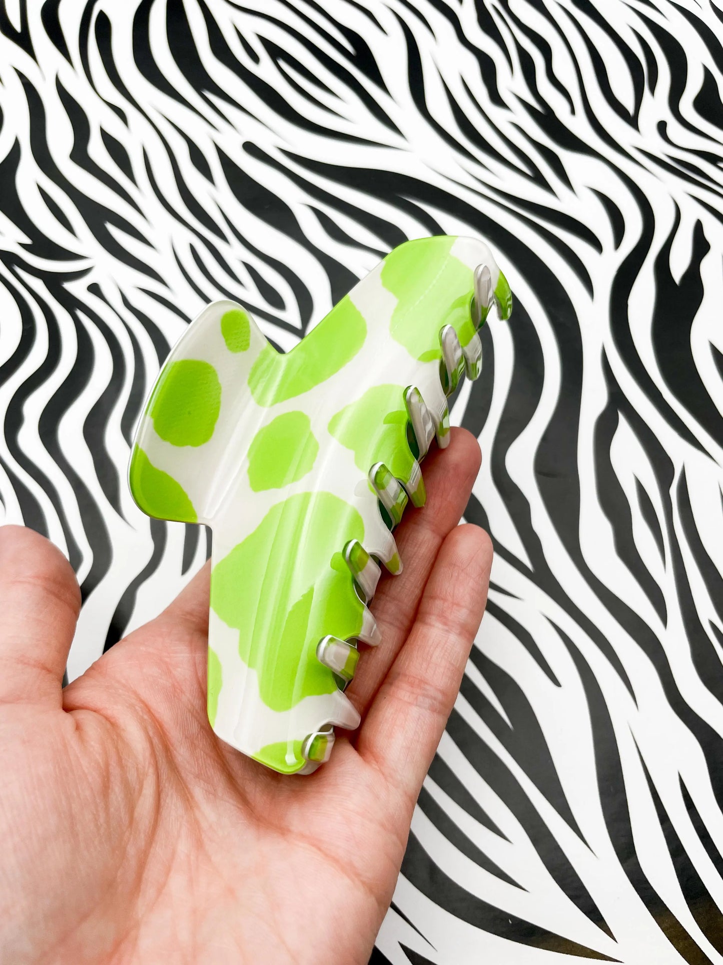 Large Spring Green Cow Print Claw Hair Clip from Sapphire Frills