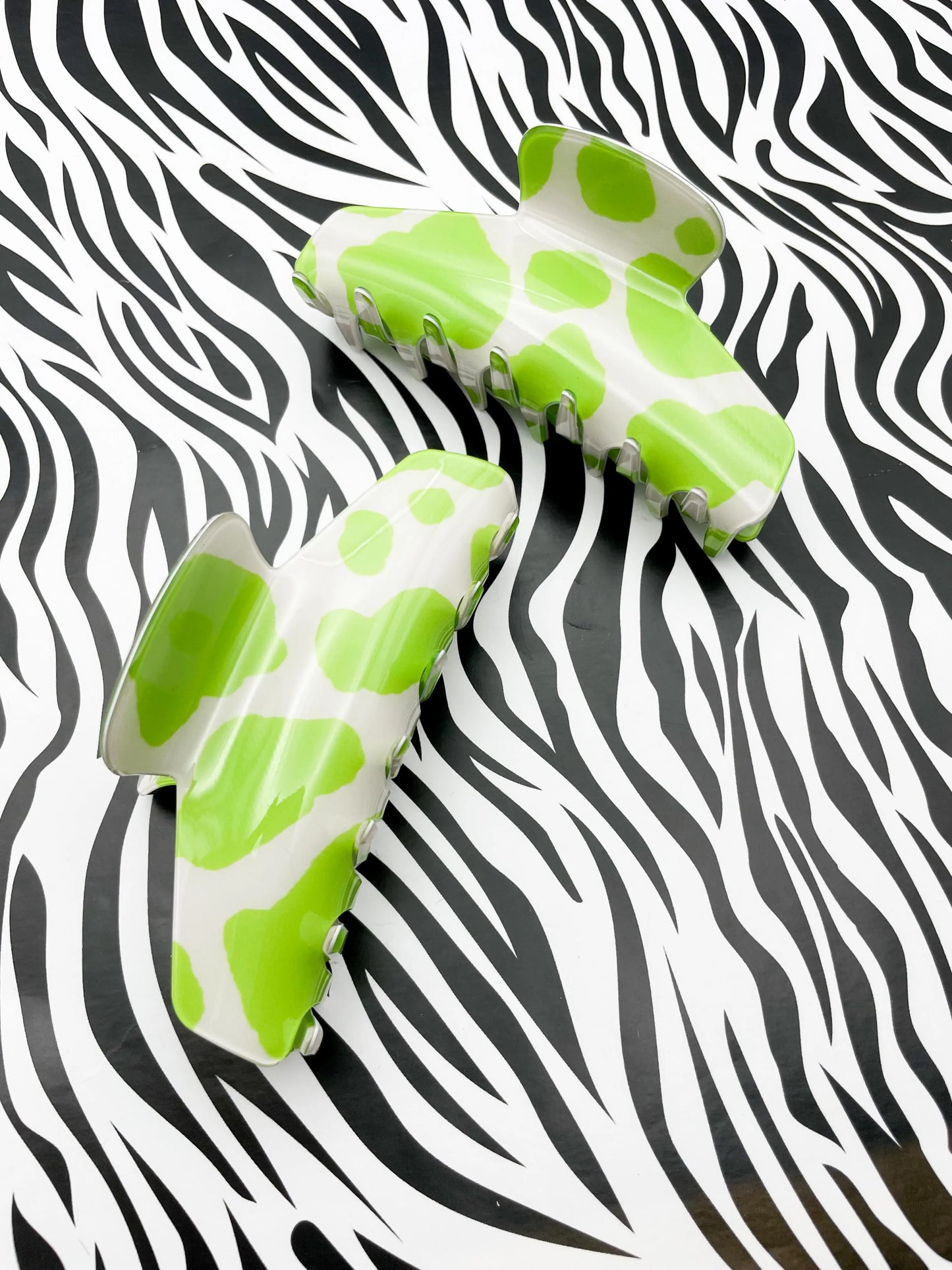 Large Spring Green Cow Print Claw Hair Clip from Sapphire Frills