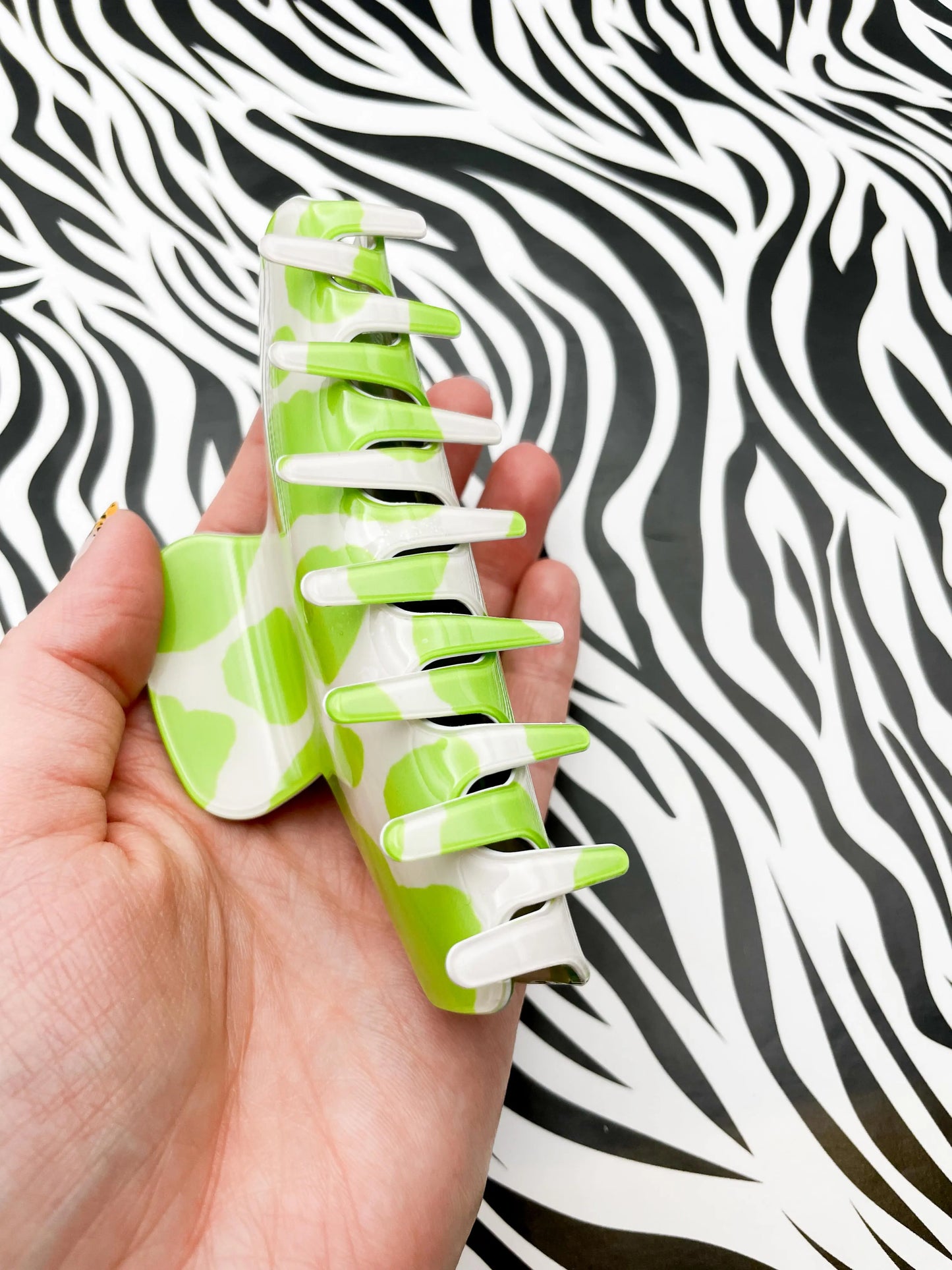 Large Spring Green Cow Print Claw Hair Clip from Sapphire Frills