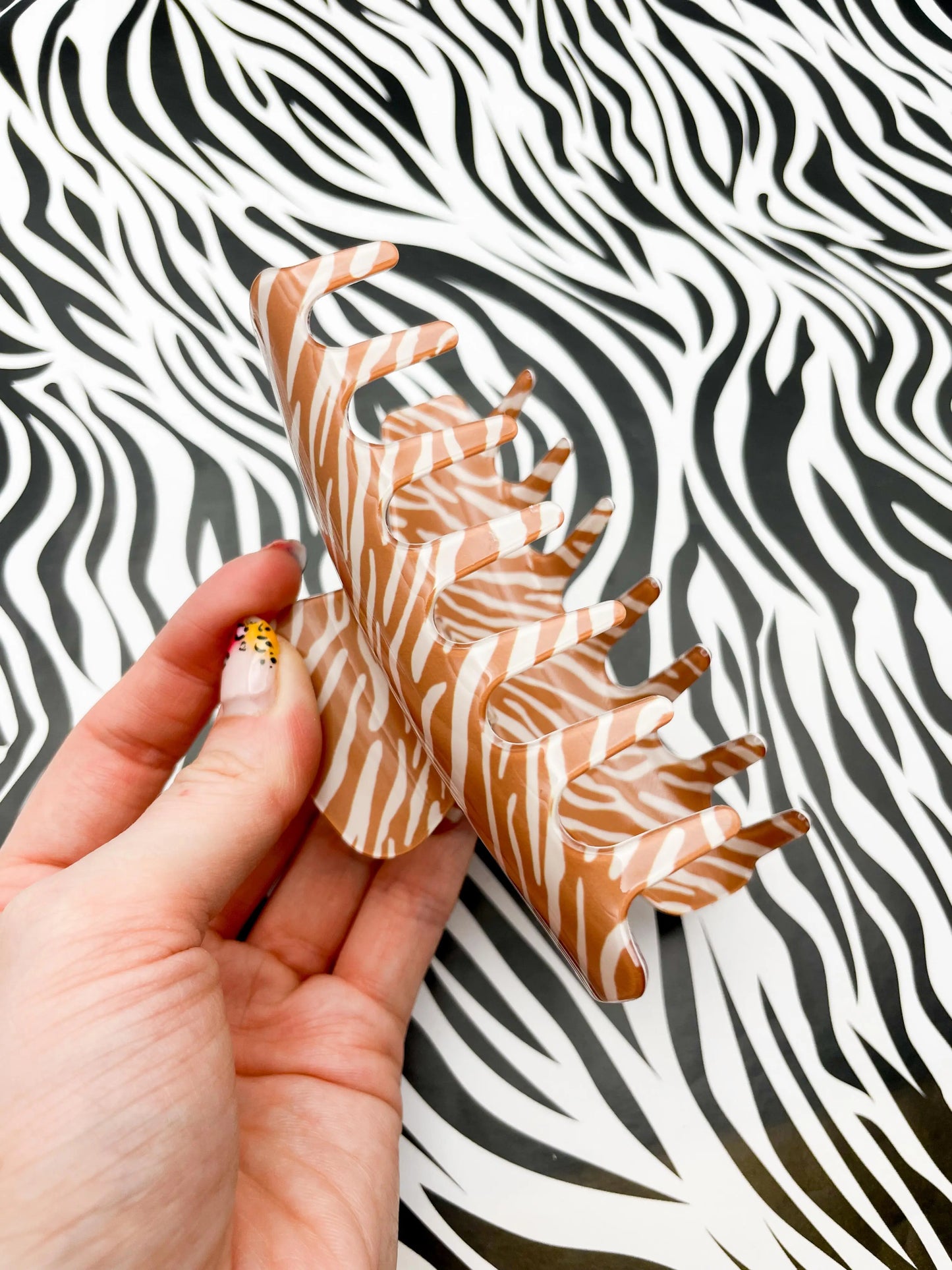 Large Tan Zebra Print Claw Hair Clip from Sapphire Frills