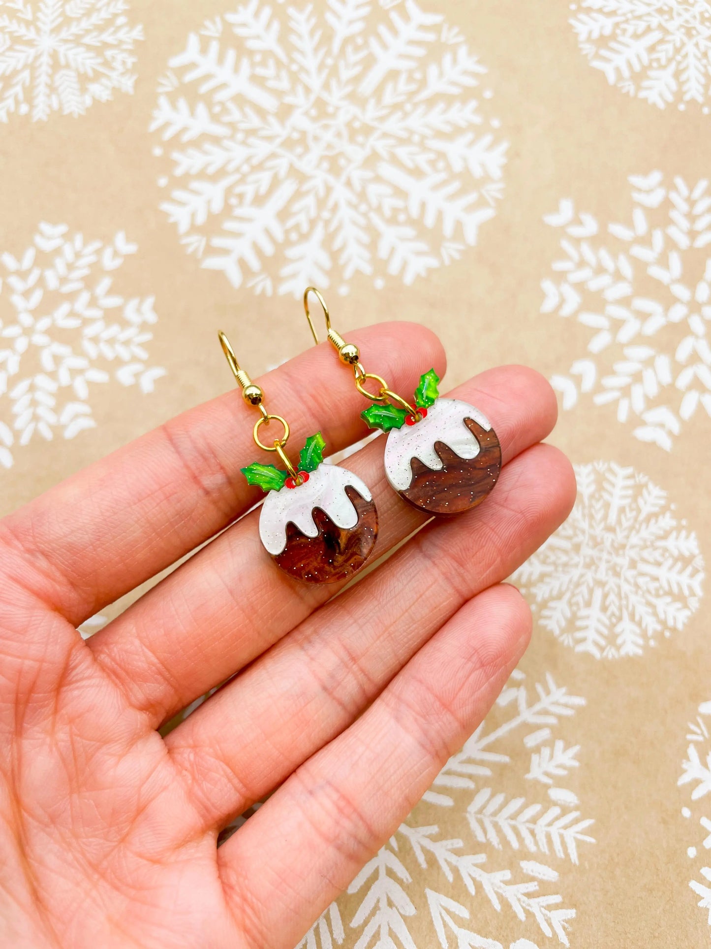 Maroon and White Glitter Marble Acrylic Xmas Pudding Dangle Earrings from Sapphire Frills