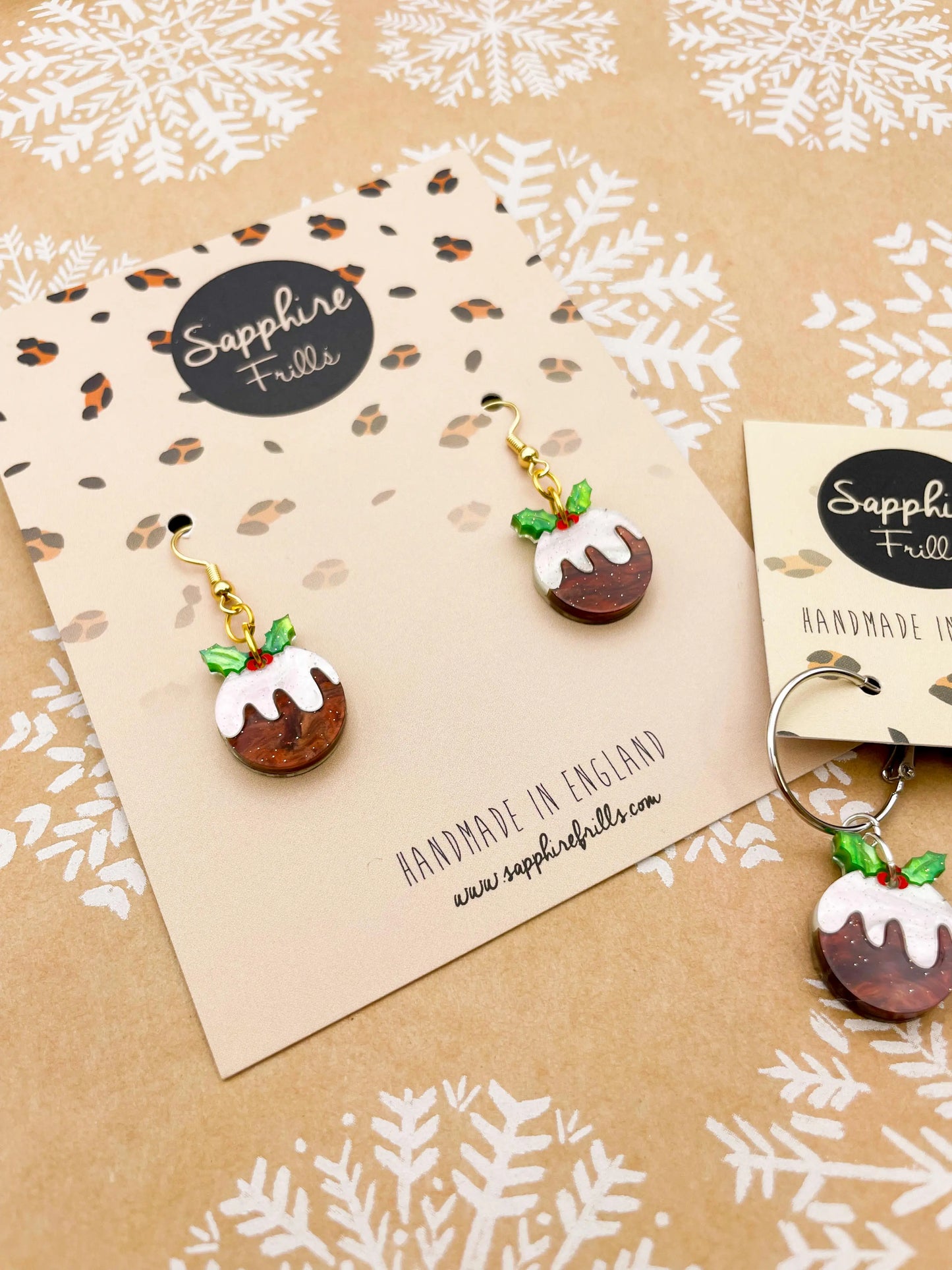 Maroon and White Glitter Marble Acrylic Xmas Pudding Dangle Earrings from Sapphire Frills