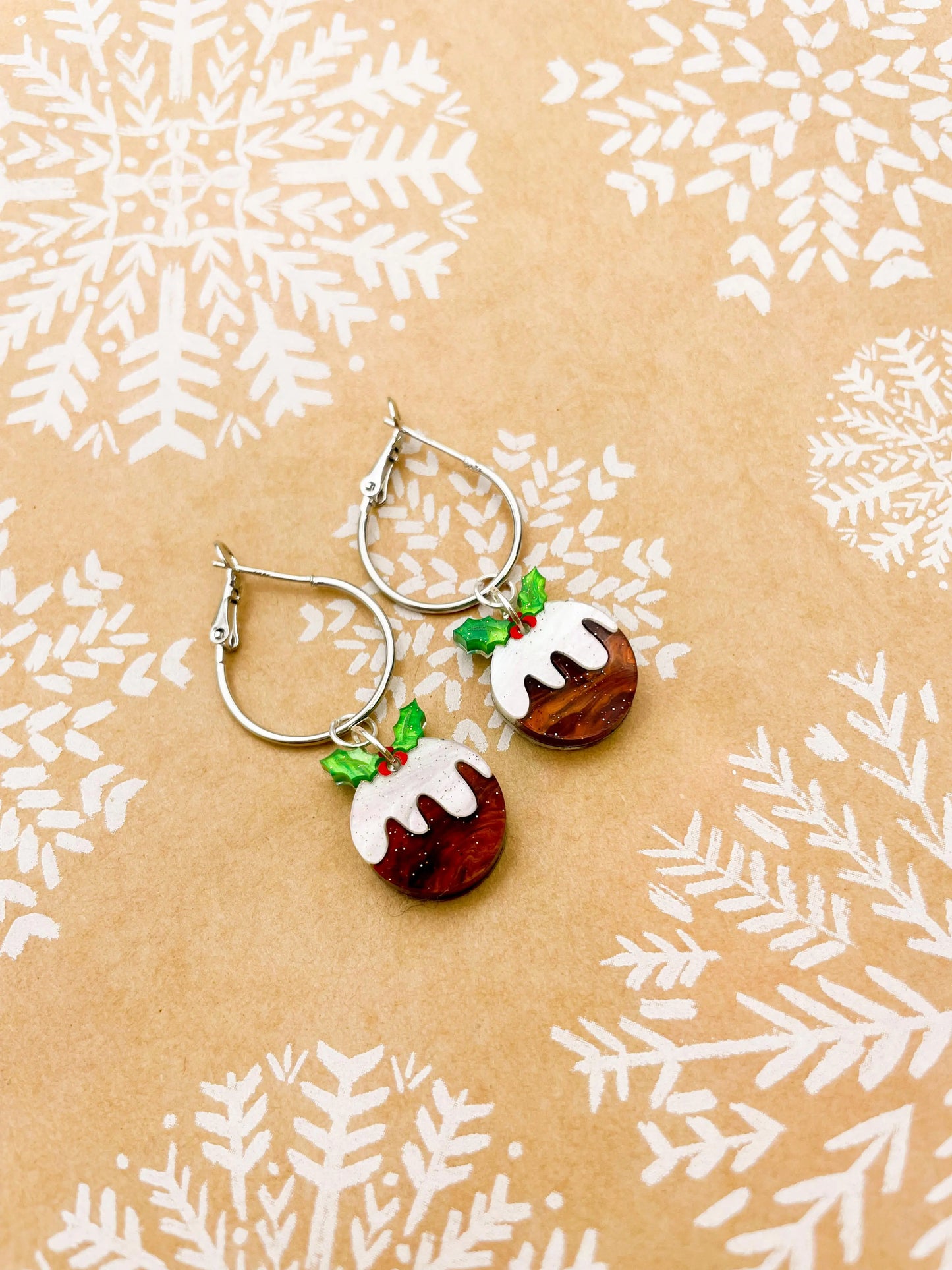 Maroon and White Glitter Marble Acrylic Xmas Pudding Dangle Earrings from Sapphire Frills