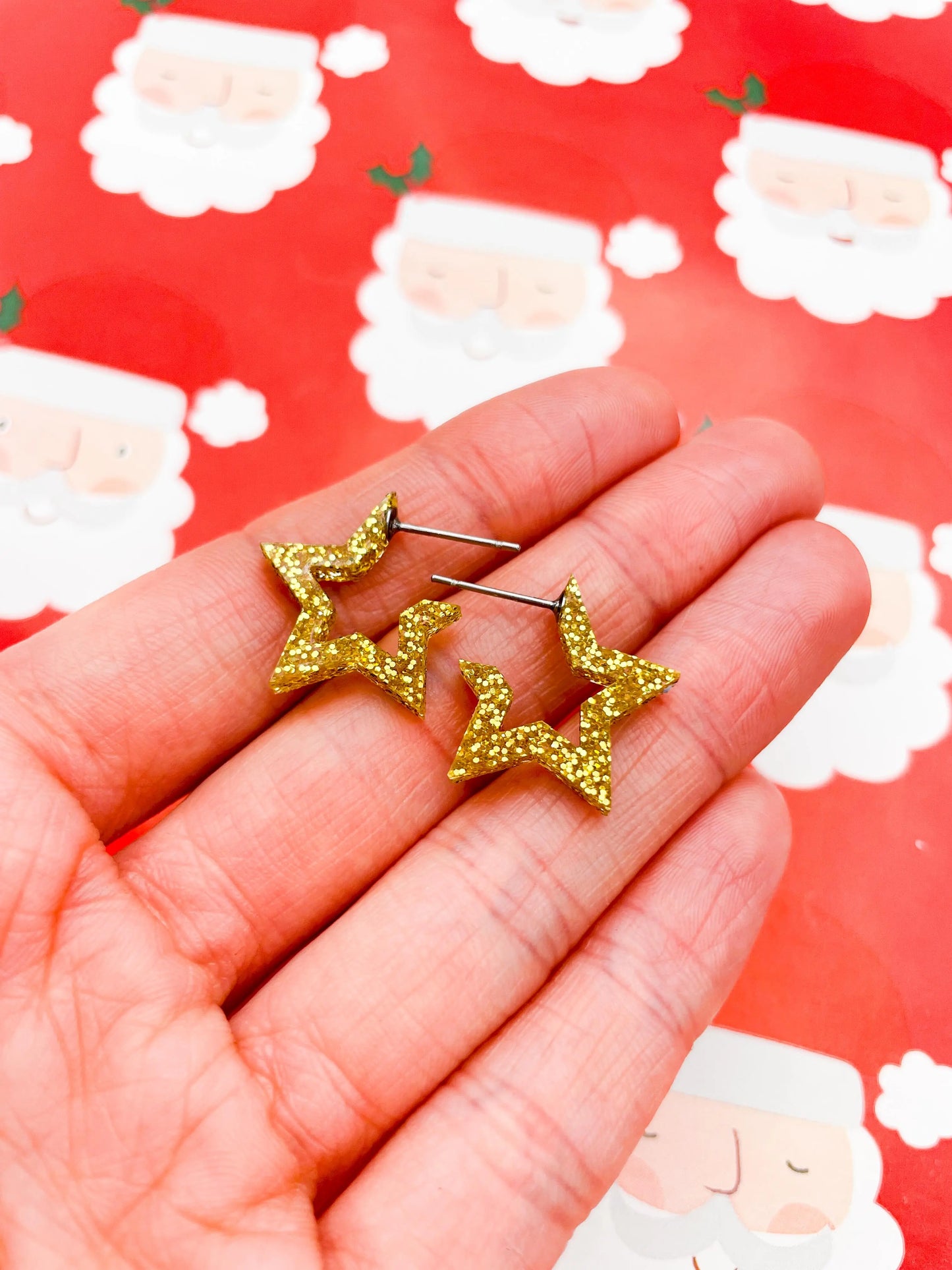 Medium Gold Glitter Acrylic Star Hoops from Sapphire Frills
