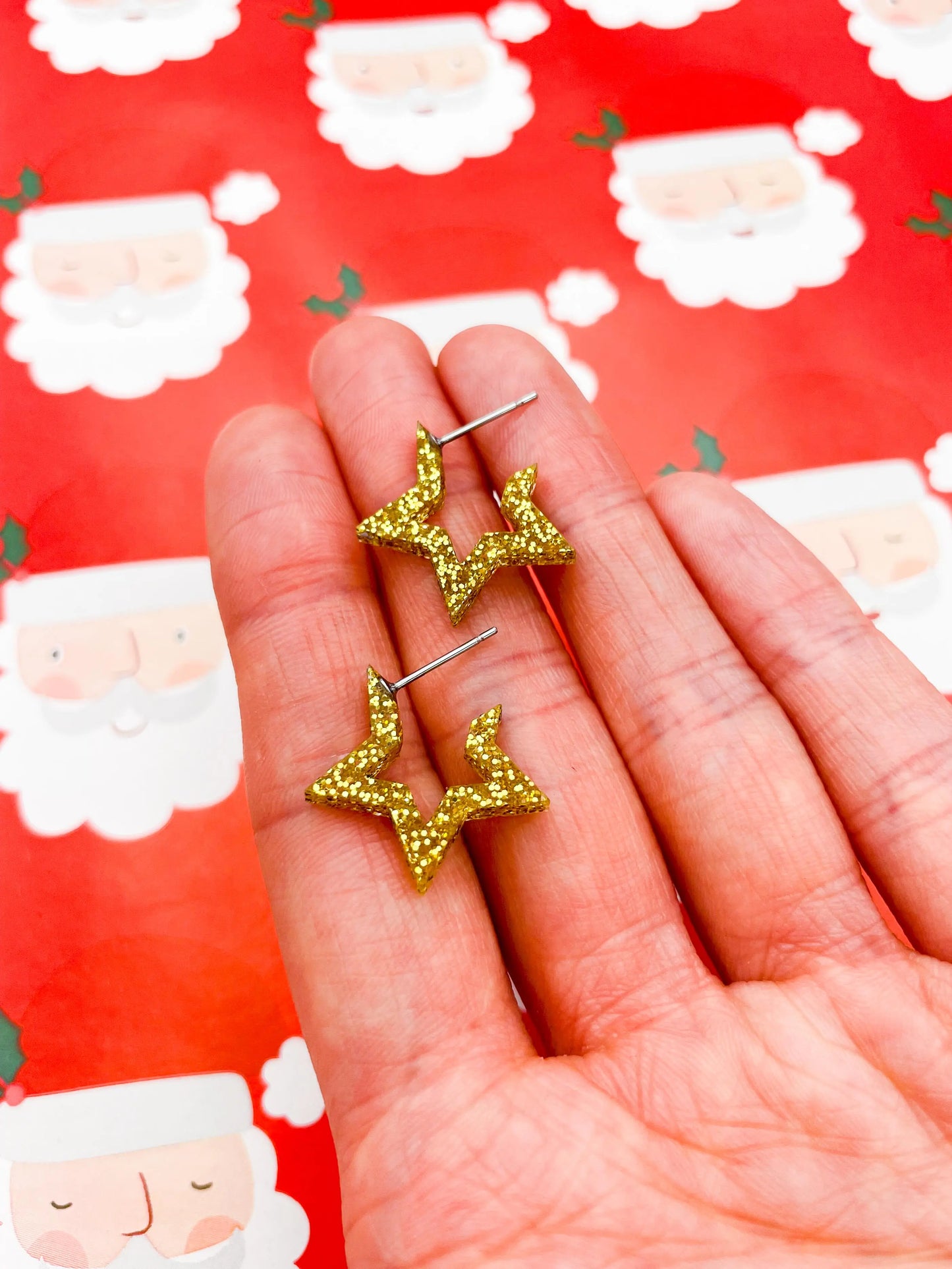 Medium Gold Glitter Acrylic Star Hoops from Sapphire Frills
