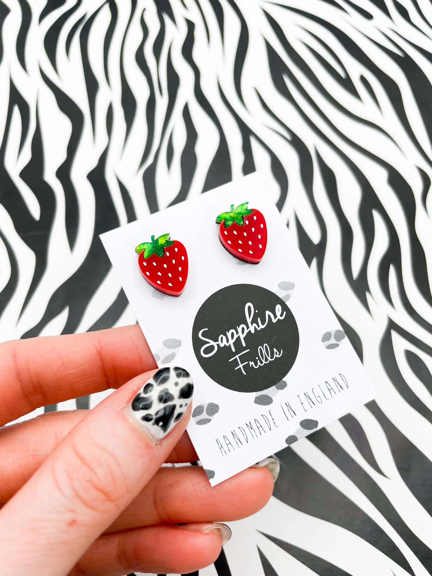 Medium Green Glitter Marble and Red Gloss Acrylic Strawberry Studs from Sapphire Frills
