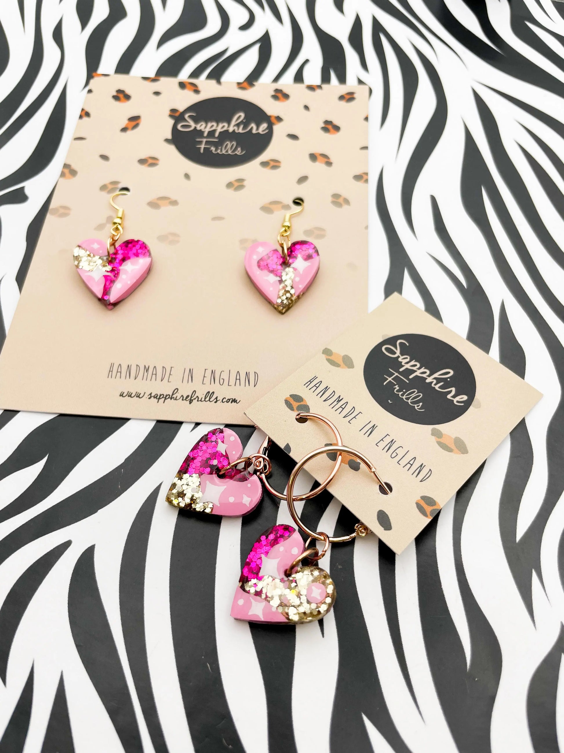 Medium Hot Pink and Gold Glitter Star Print Resin Heart Earrings from Sapphire Frills