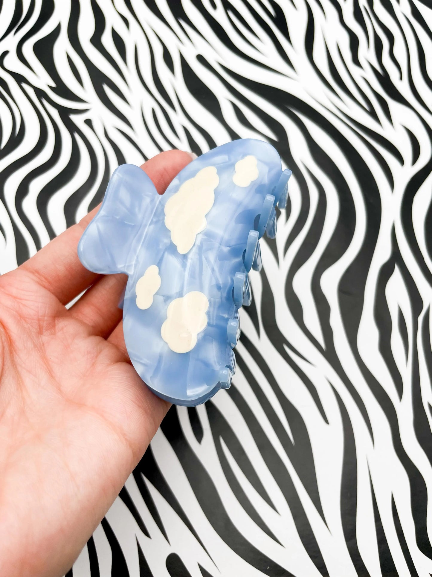 Medium Metallic Sky Blue Cloud Print Claw Hair Clip from Sapphire Frills