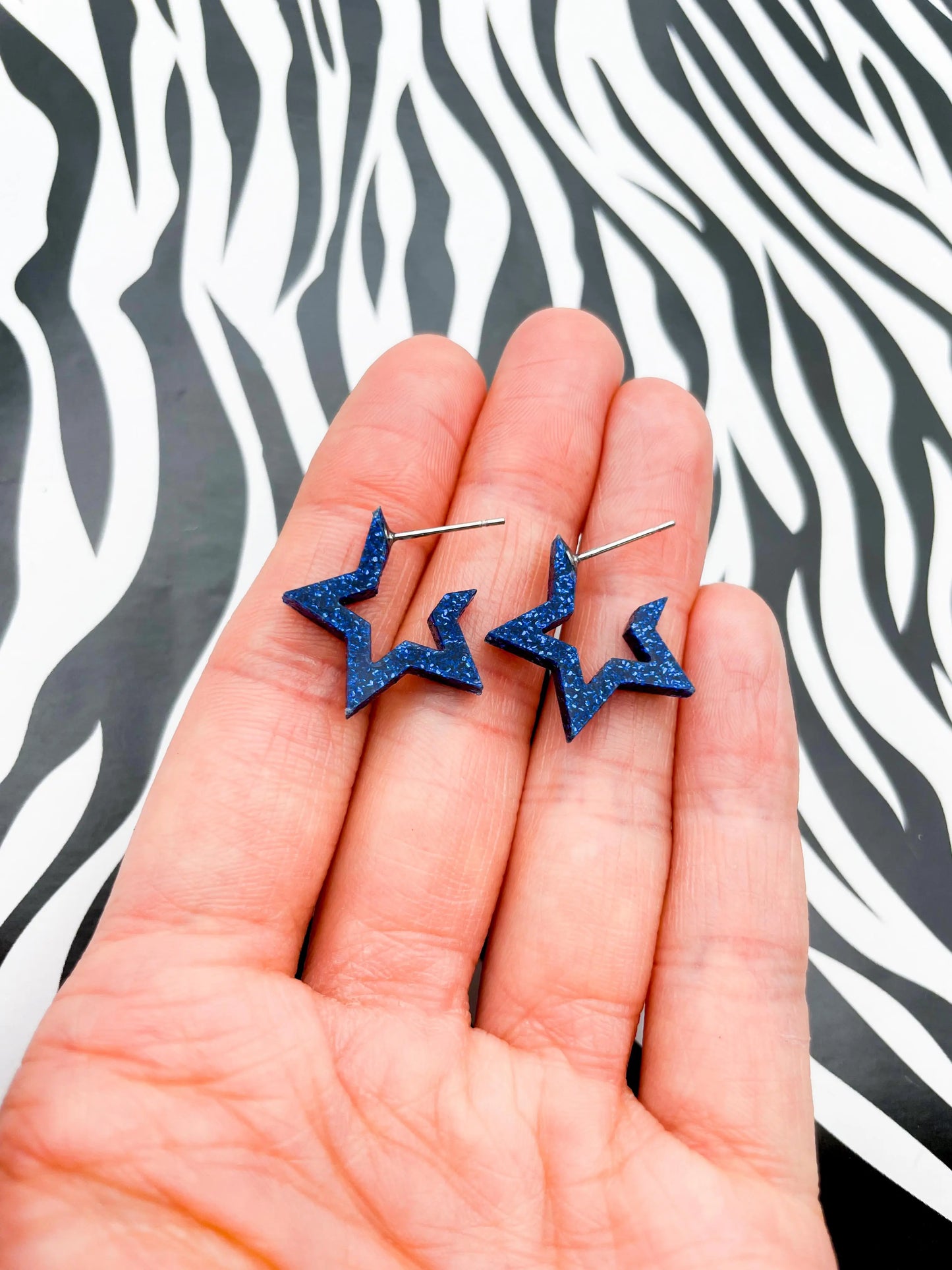 Medium Navy Blue Glitter Acrylic Star Hoops from Sapphire Frills