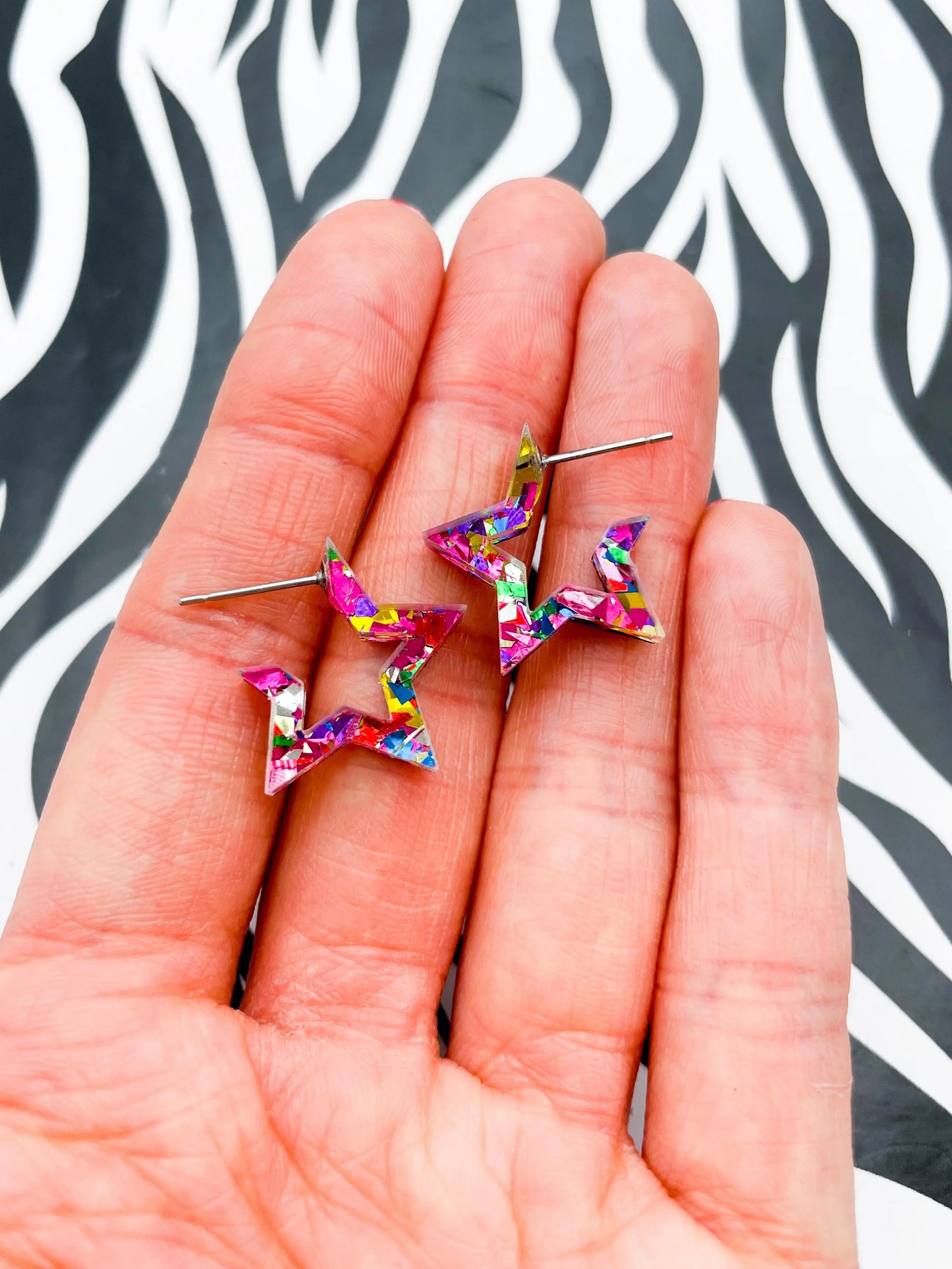 Medium Pink Festival Confetti Acrylic Star Hoops from Sapphire Frills