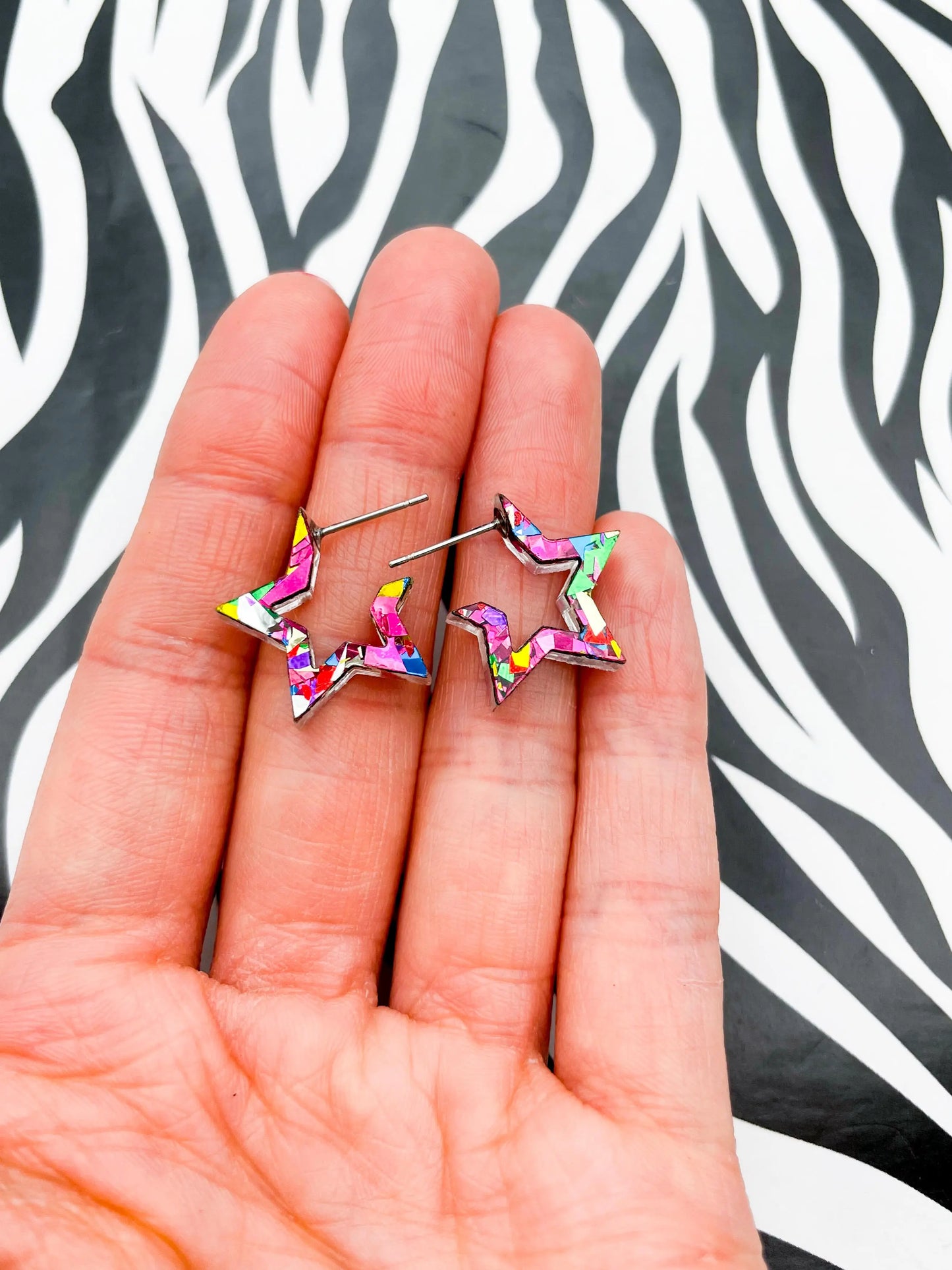 Medium Pink Festival Confetti Acrylic Star Hoops from Sapphire Frills