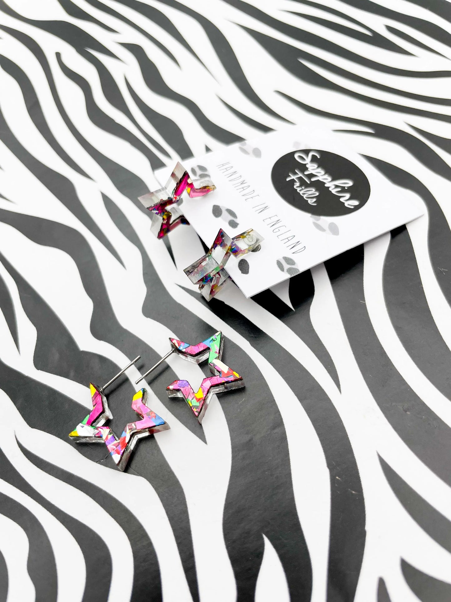 Medium Pink Festival Confetti Acrylic Star Hoops from Sapphire Frills