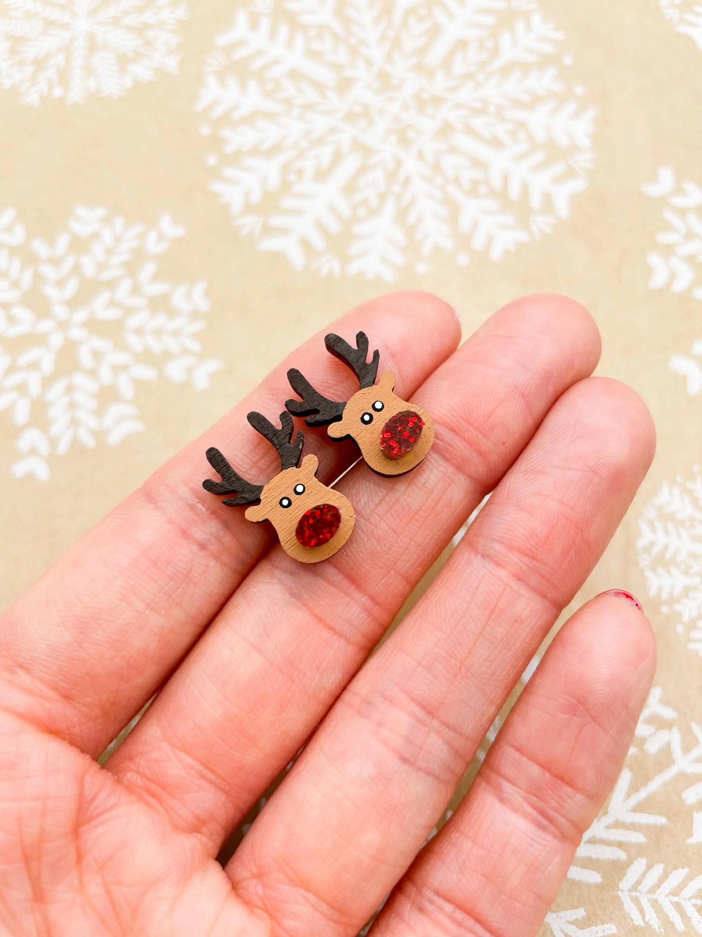 Medium Red Glitter Acrylic Nose and Wood Reindeer Stud Earrings from Sapphire Frills