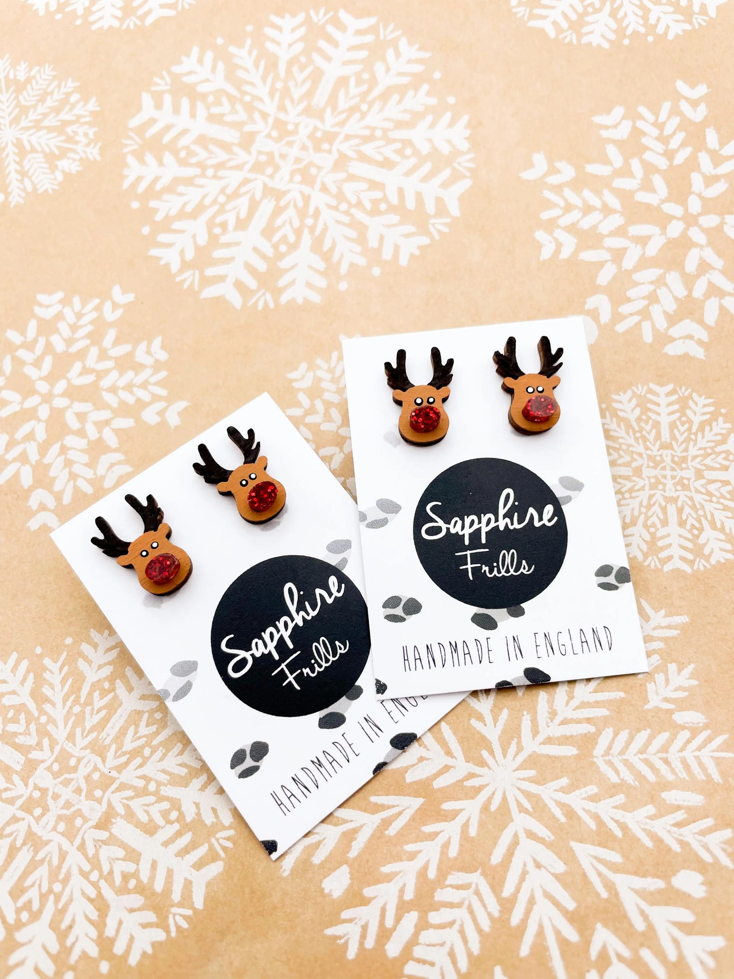 Medium Red Glitter Acrylic Nose and Wood Reindeer Stud Earrings from Sapphire Frills