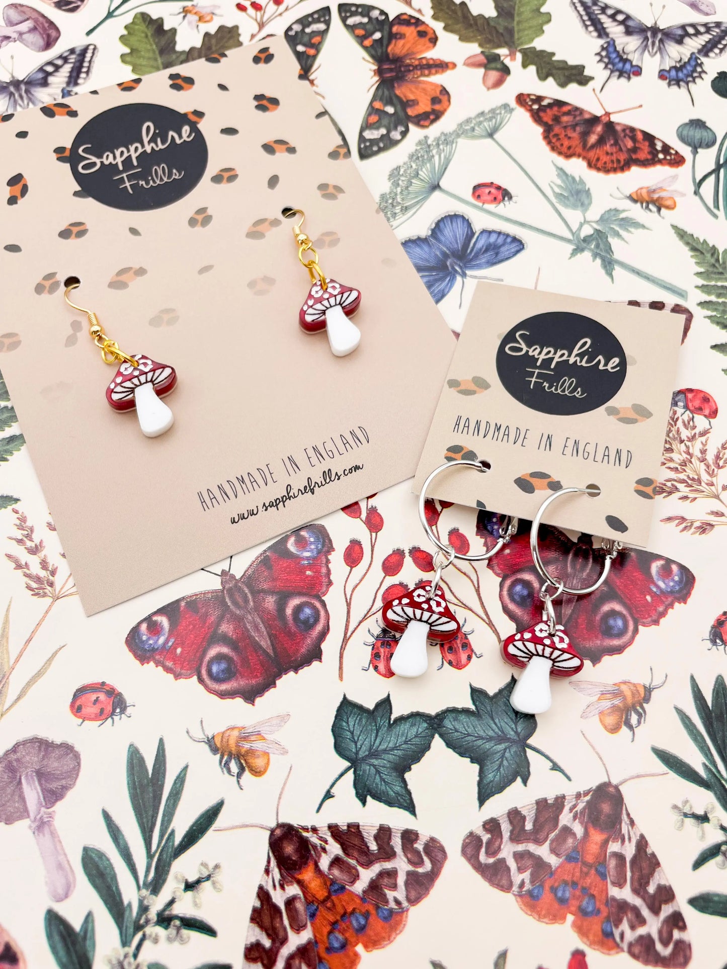 Medium Red and White Marble Acrylic Leopard Print Mushroom Dangle Earrings from Sapphire Frills