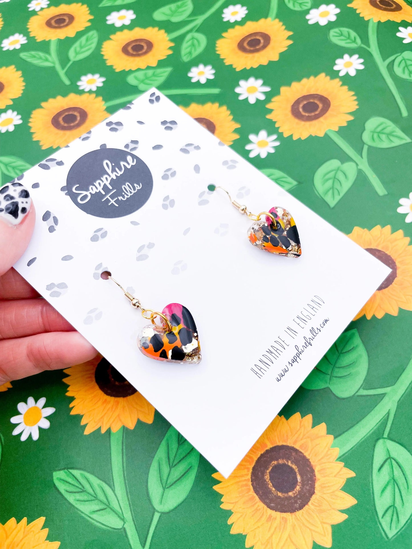 Medium Safari Giraffe Print Gold Glitter Resin Heart Stud Earrings from Sapphire Frills
