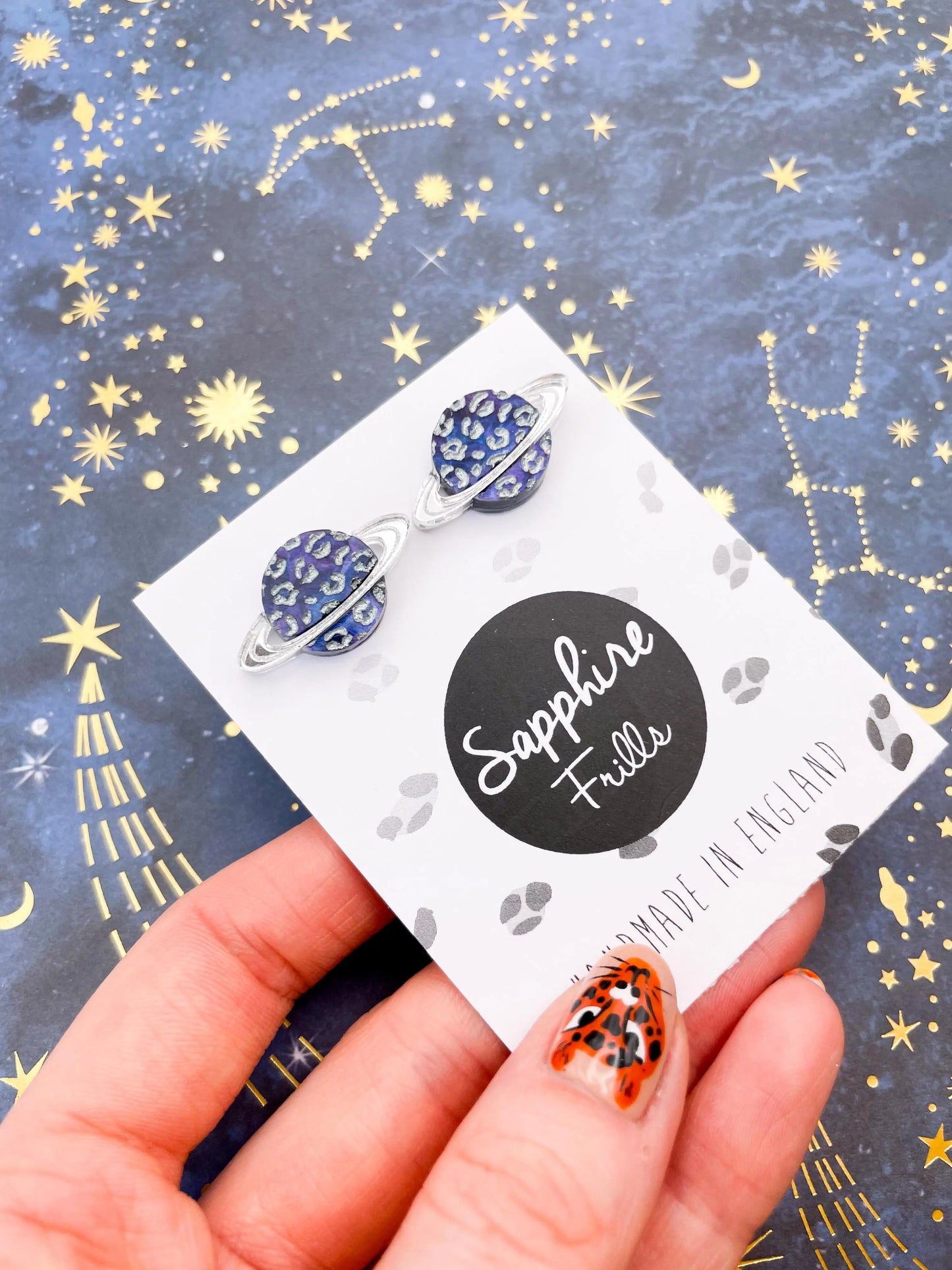 Medium Silver Night Sky Marble Leopard Print Acrylic Planet Stud Earrings from Sapphire Frills