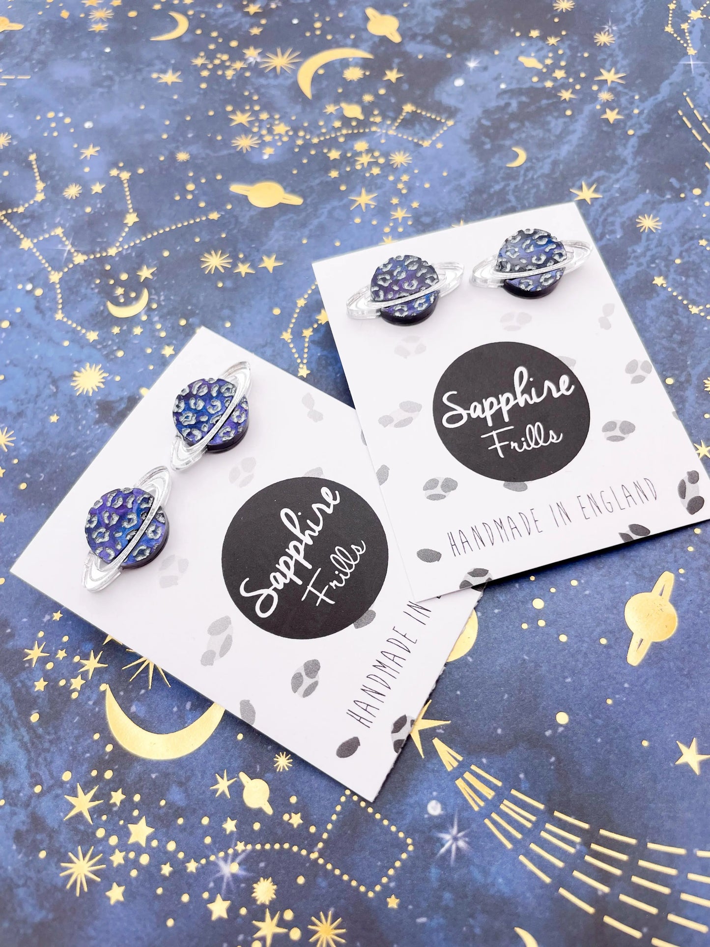 Medium Silver Night Sky Marble Leopard Print Acrylic Planet Stud Earrings from Sapphire Frills