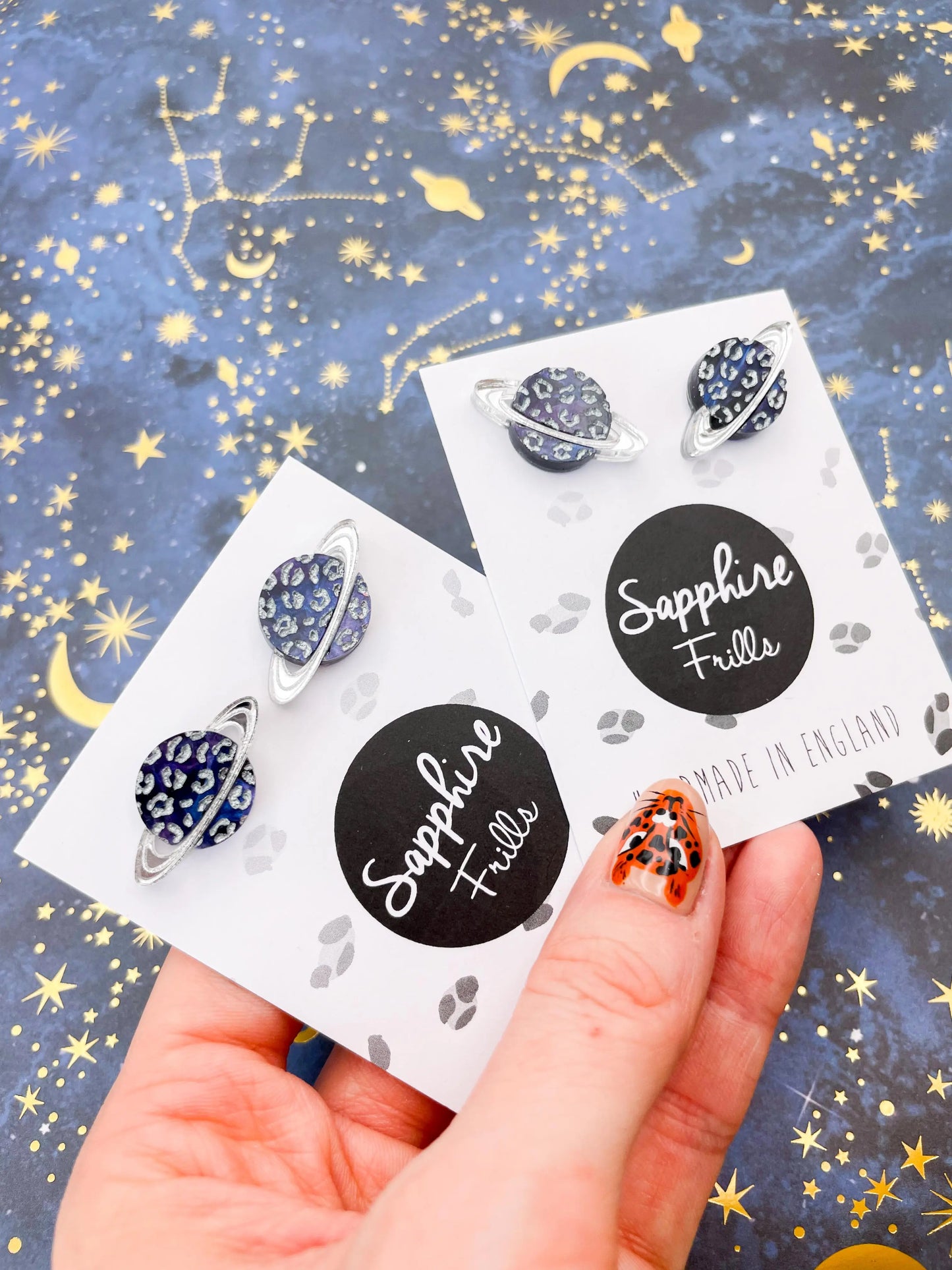 Medium Silver Night Sky Marble Leopard Print Acrylic Planet Stud Earrings from Sapphire Frills