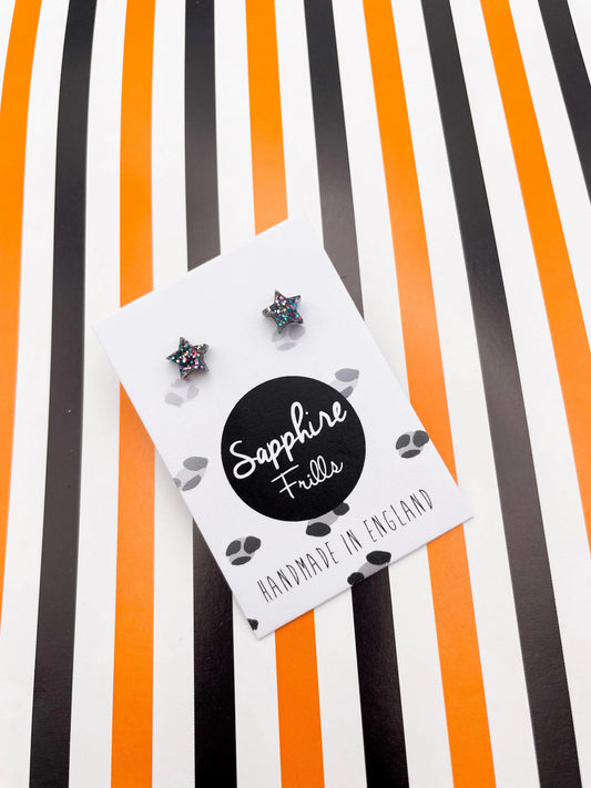 Micro Black Rainbow Glitter Acrylic Star Stud Earrings from Sapphire Frills