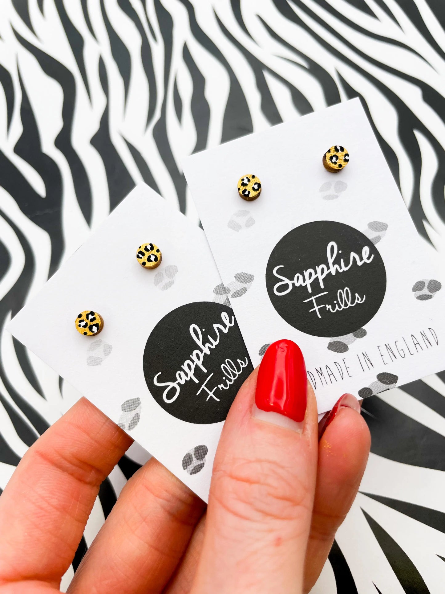 Micro Gold and White Leopard Print Wood Circle Stud Earrings from Sapphire Frills