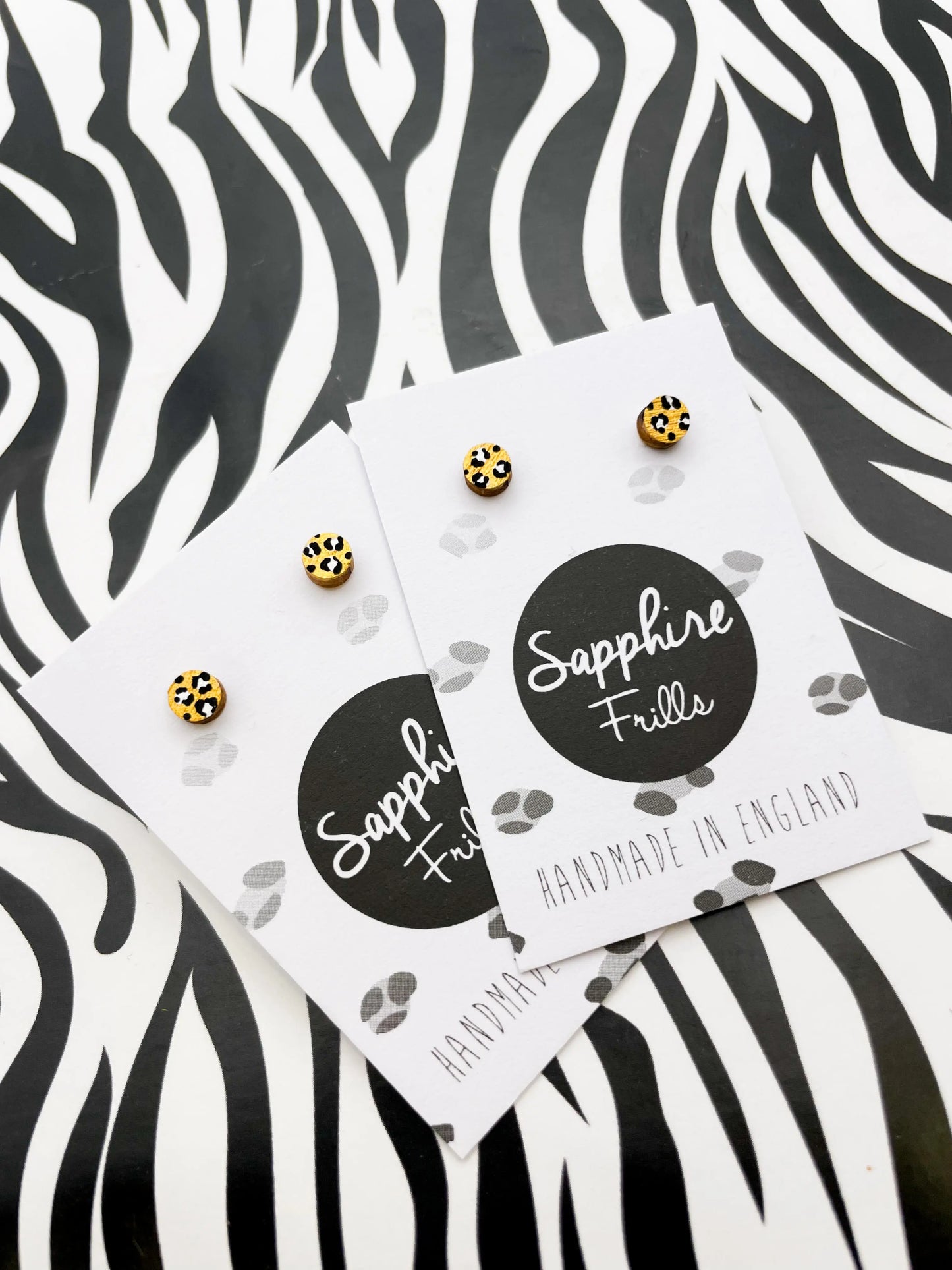 Micro Gold and White Leopard Print Wood Circle Stud Earrings from Sapphire Frills