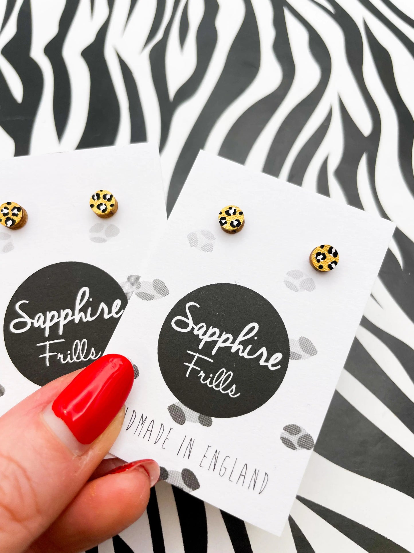 Micro Gold and White Leopard Print Wood Circle Stud Earrings from Sapphire Frills