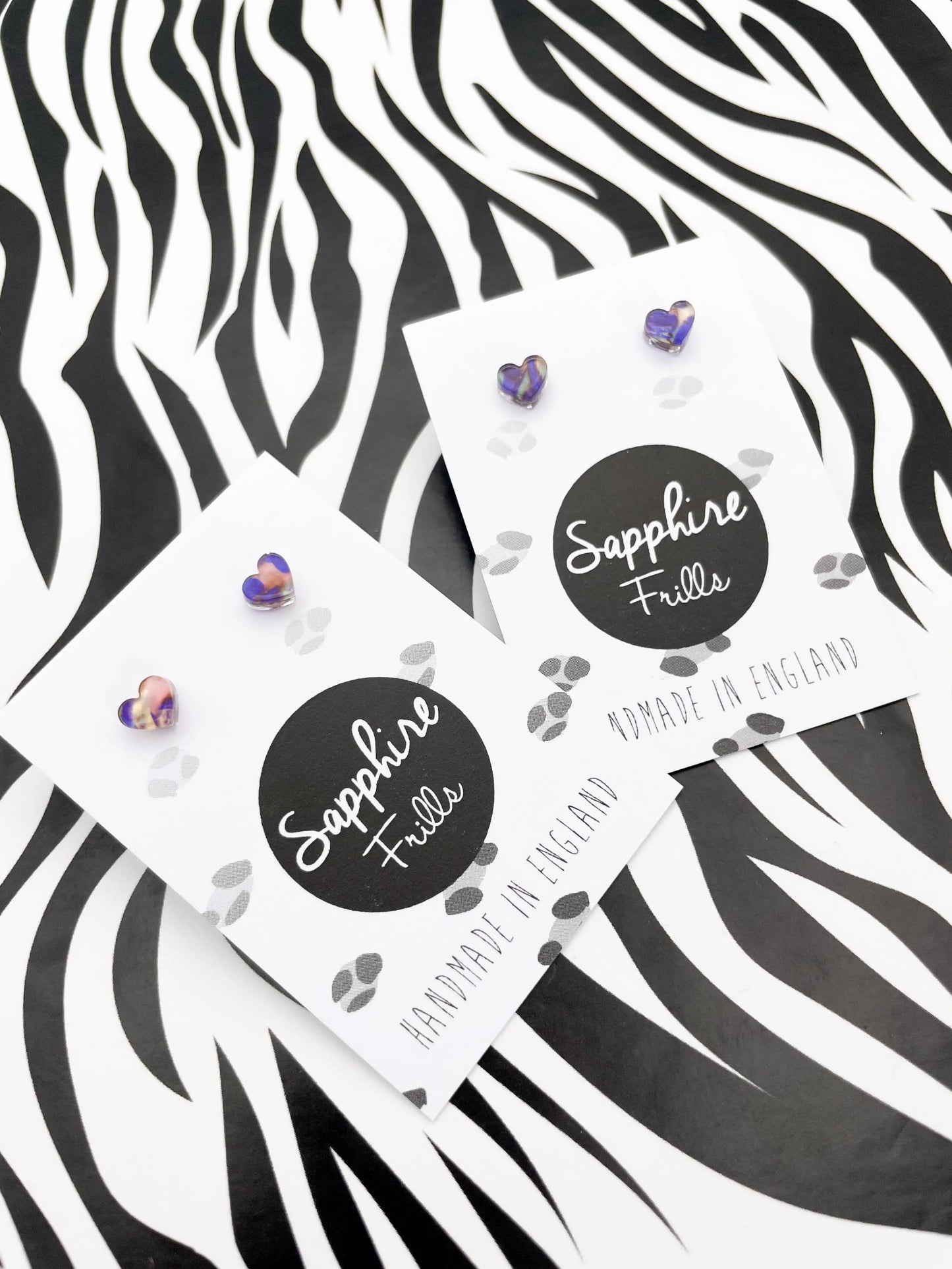 Micro Jungle Blue, Green and Pink Ink Marble Acrylic Heart Stud Earrings from Sapphire Frills