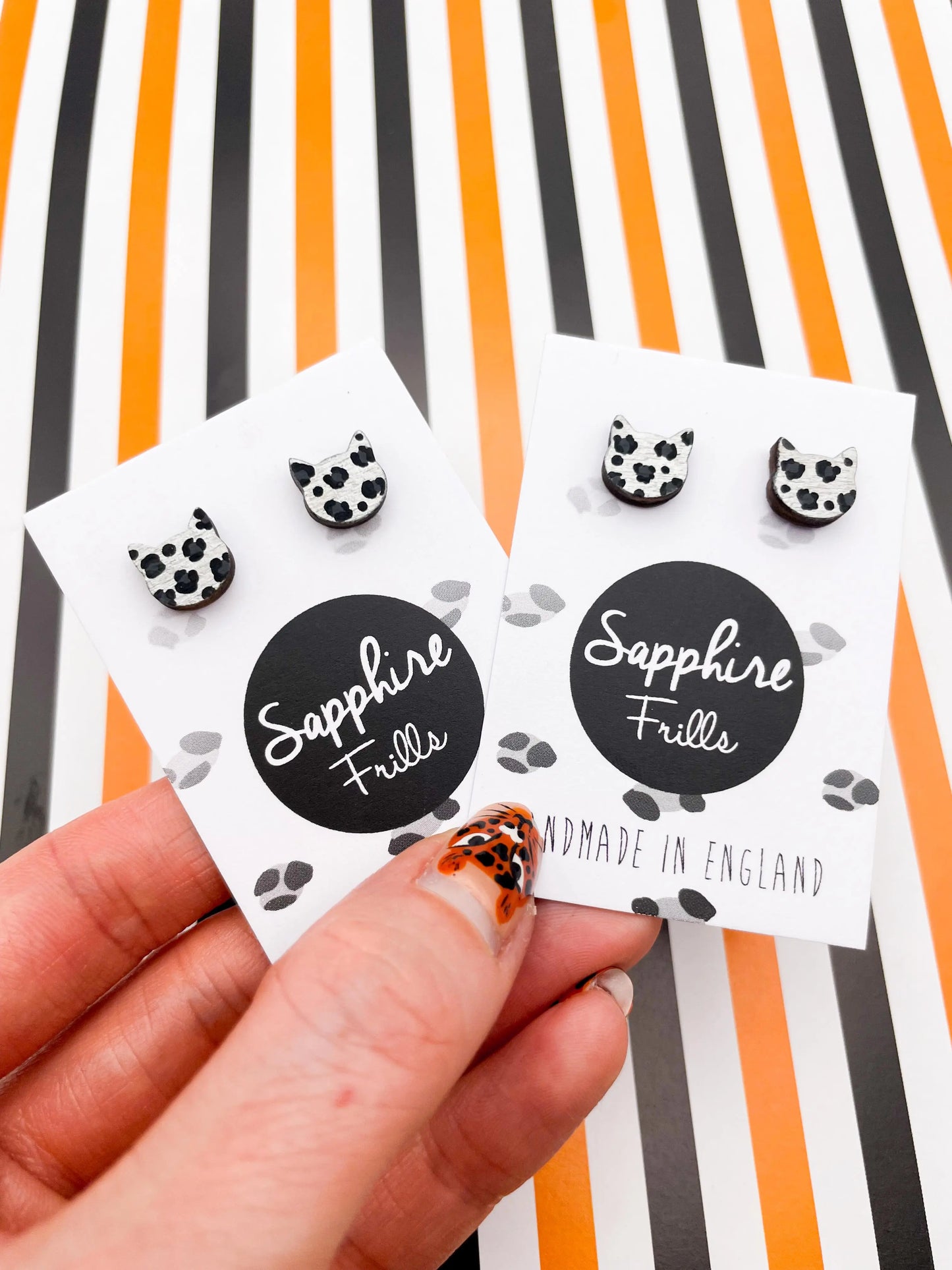 Mini Ghosty Leopard Print Cat Head Wooden Studs from Sapphire Frills