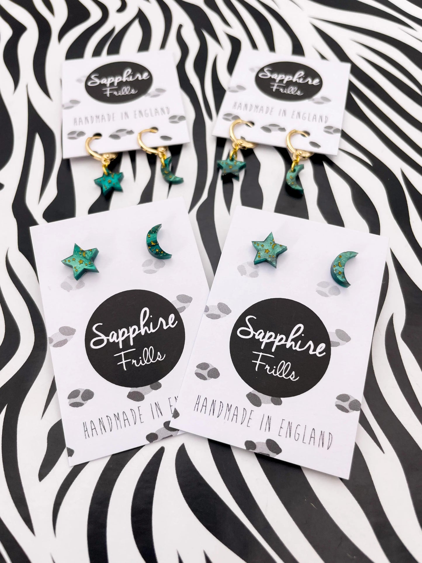 Mini Green Galaxy Glitter Marble and Gold Starry Acrylic Mismatch Star and Moon Studs from Sapphire Frills