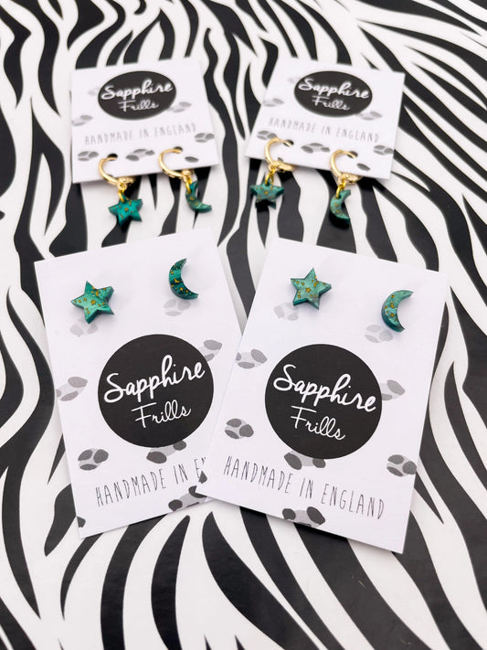 Mini Green Galaxy Glitter Marble and Gold Starry Acrylic Mismatch Star and Moon Studs from Sapphire Frills