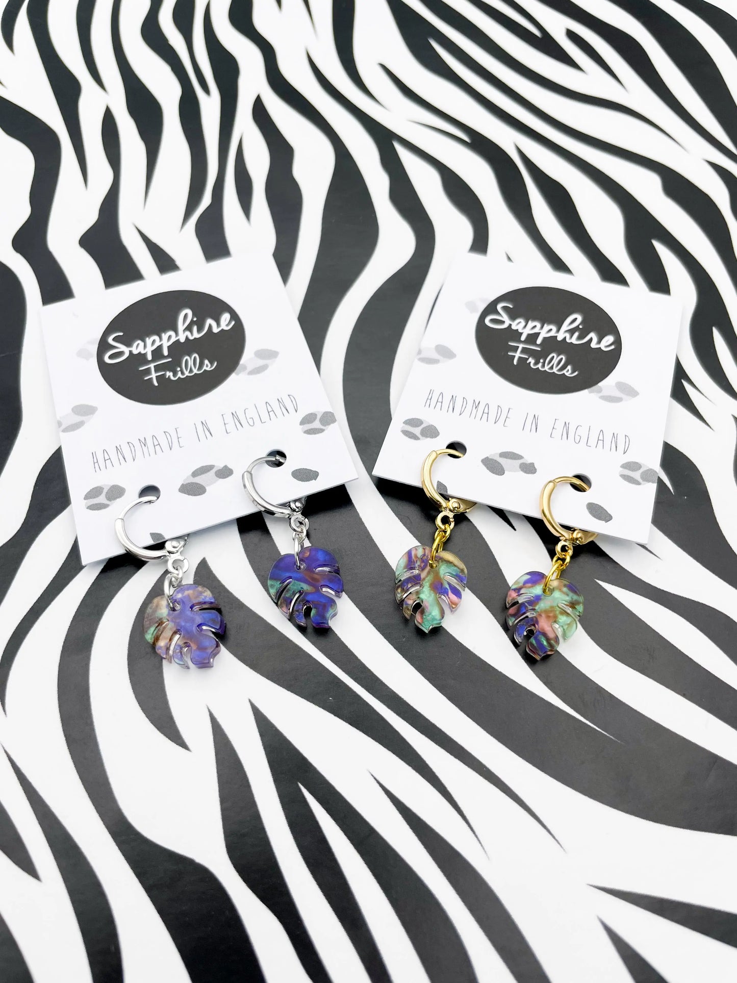 Mini Jungle Blue, Green and Pink Ink Marble Acrylic Monstera Leaf Hoops from Sapphire Frills