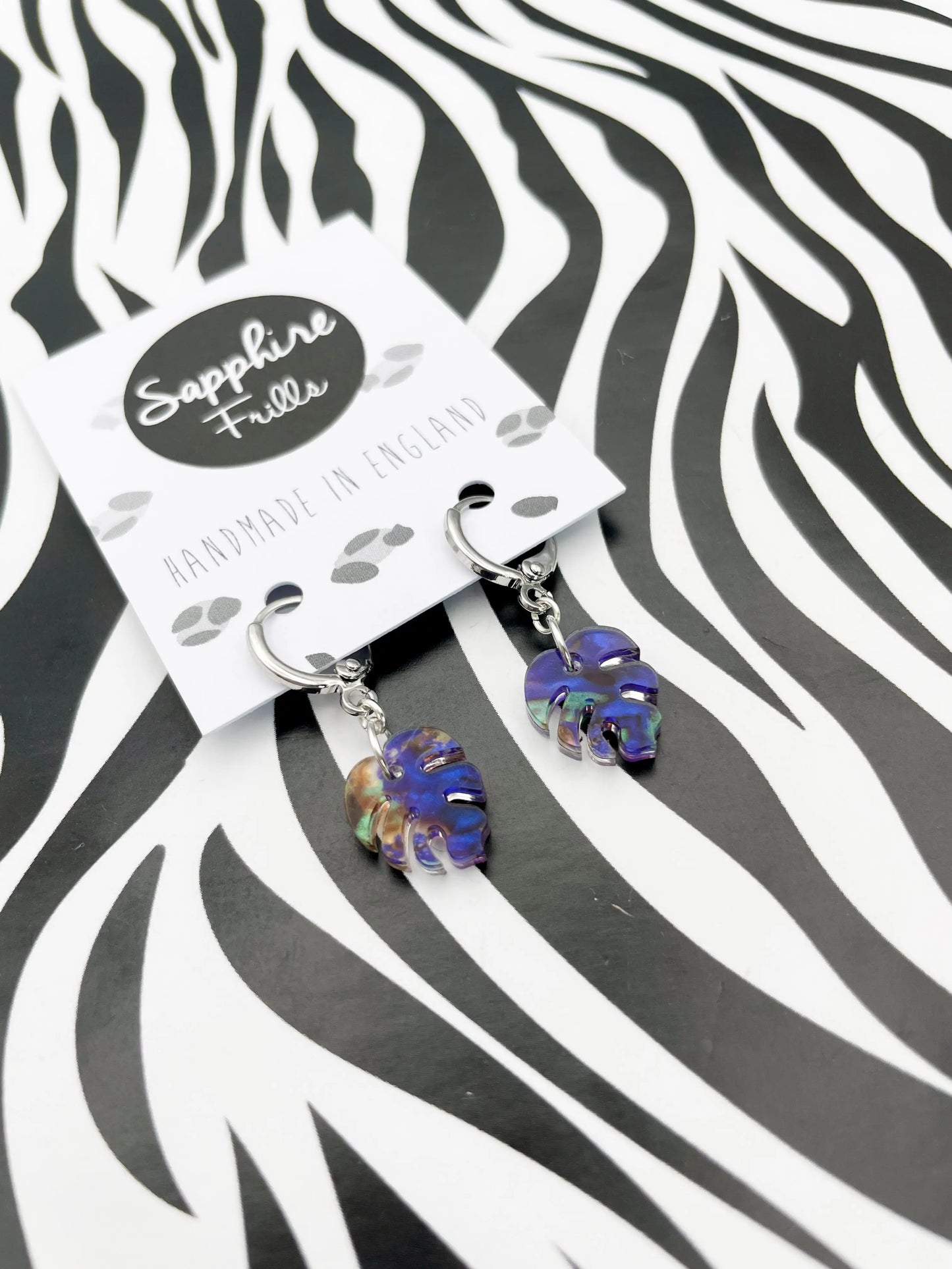 Mini Jungle Blue, Green and Pink Ink Marble Acrylic Monstera Leaf Hoops from Sapphire Frills