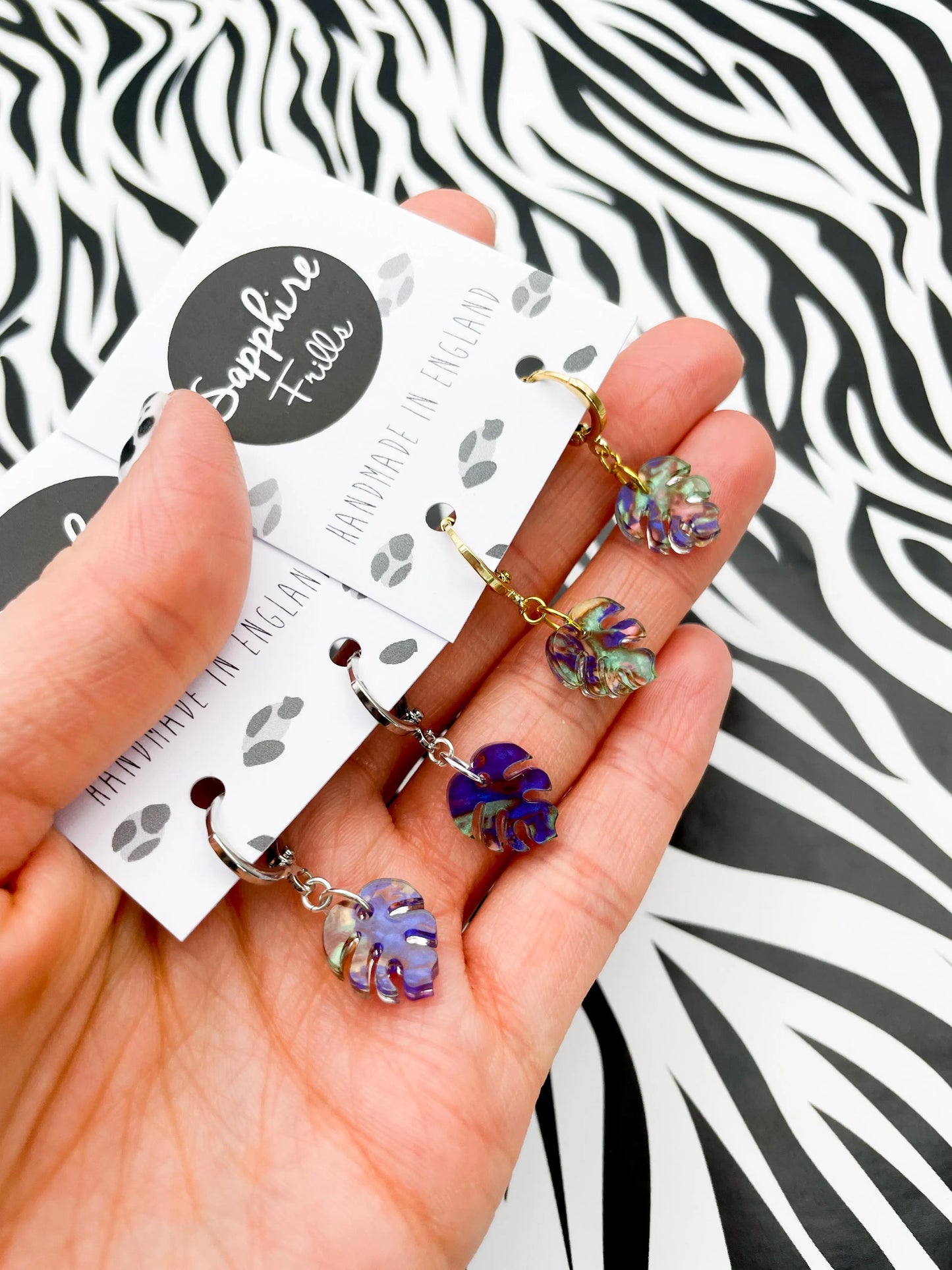 Mini Jungle Blue, Green and Pink Ink Marble Acrylic Monstera Leaf Hoops from Sapphire Frills