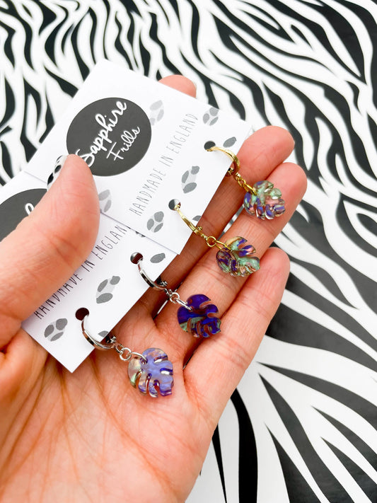 Mini Jungle Blue, Green and Pink Ink Marble Acrylic Monstera Leaf Hoops from Sapphire Frills