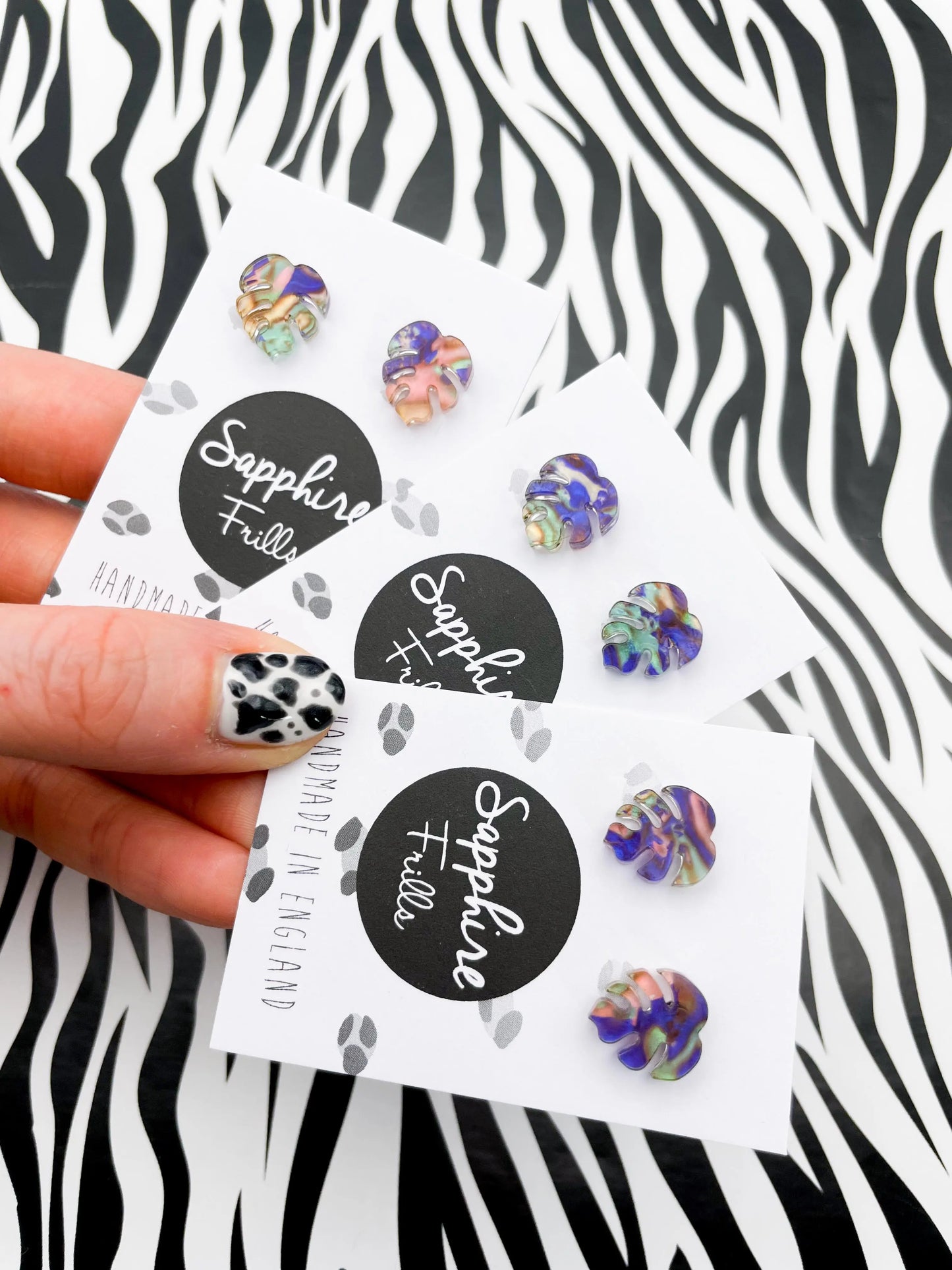 Mini Jungle Blue, Green and Pink Ink Marble Acrylic Monstera Leaf Studs from Sapphire Frills