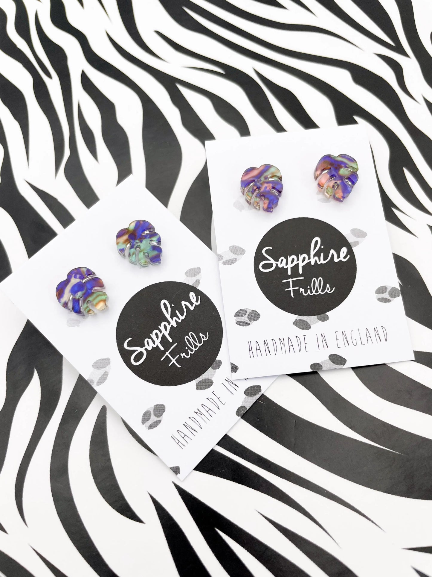 Mini Jungle Blue, Green and Pink Ink Marble Acrylic Monstera Leaf Studs from Sapphire Frills
