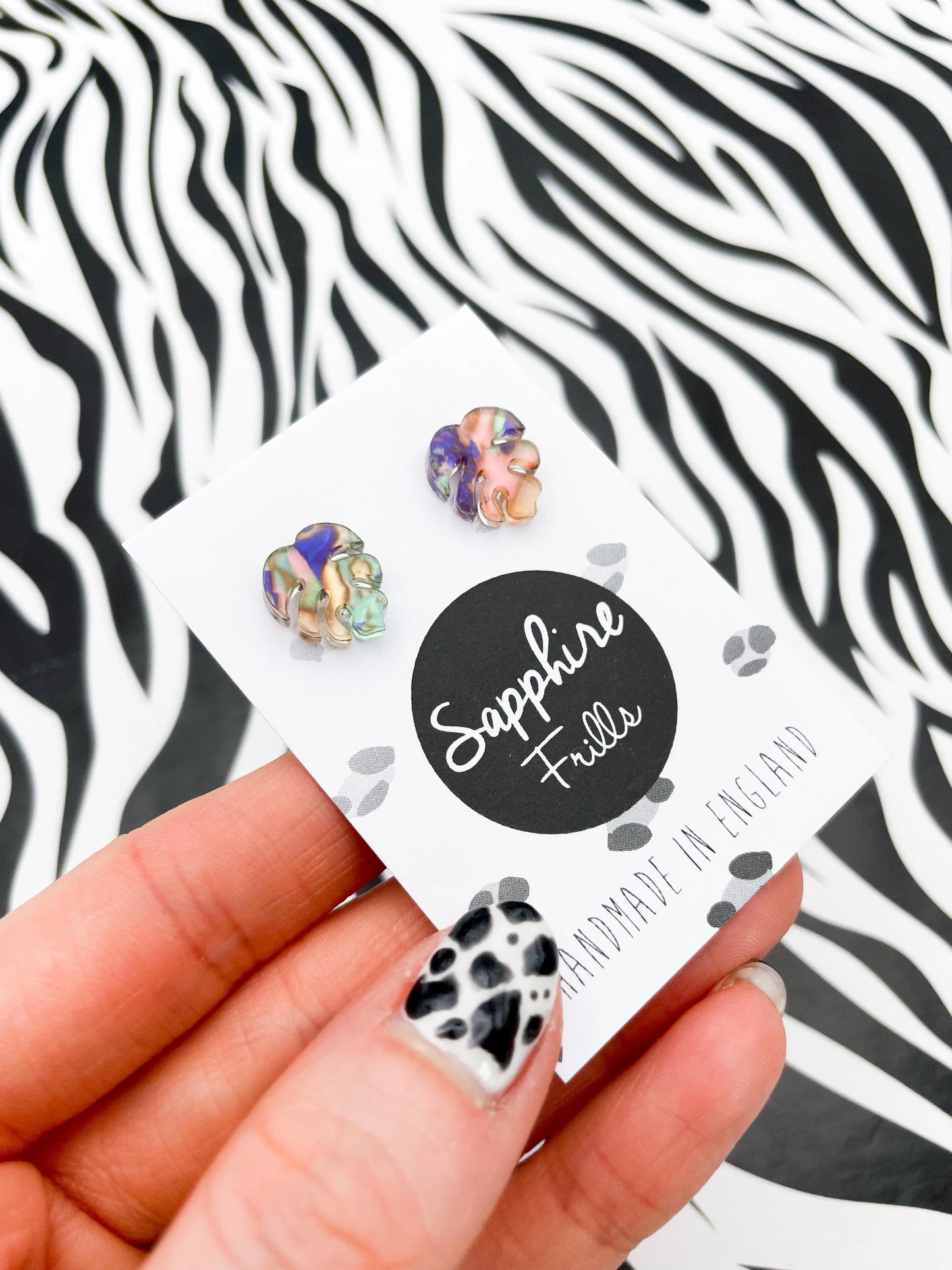 Mini Jungle Blue, Green and Pink Ink Marble Acrylic Monstera Leaf Studs from Sapphire Frills