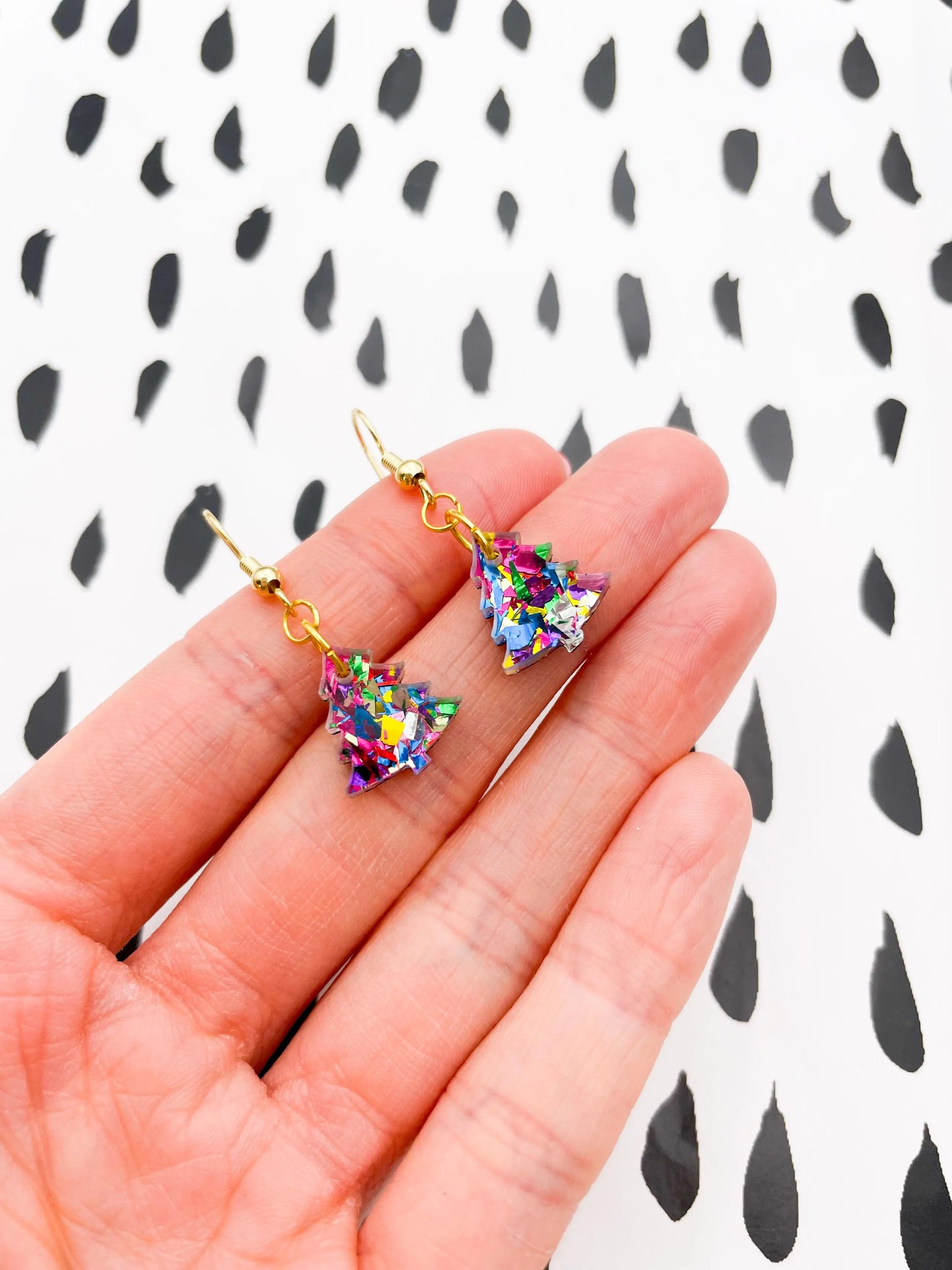 Mini Pink Rainbow Confetti Acrylic Xmas Tree Dangle Earrings from Sapphire Frills