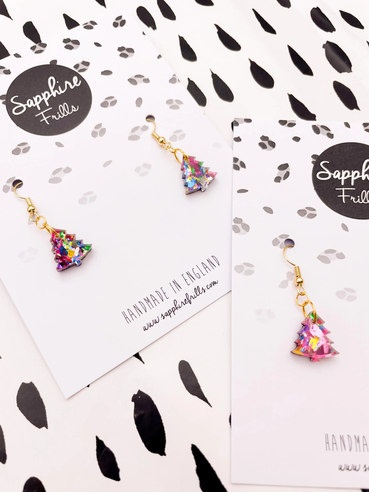 Mini Pink Rainbow Confetti Acrylic Xmas Tree Dangle Earrings from Sapphire Frills